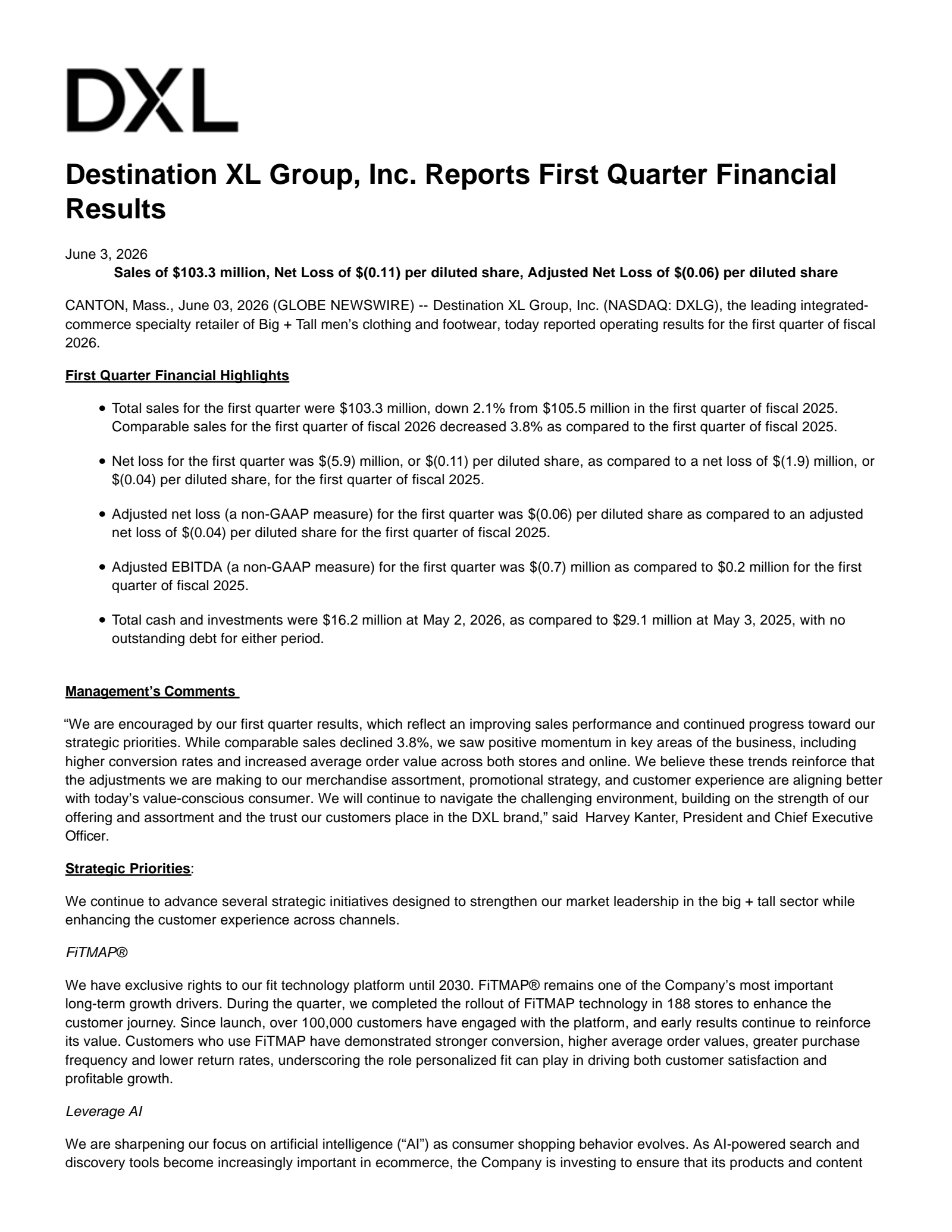 Destination XL Group's Q1 2027 Press Release