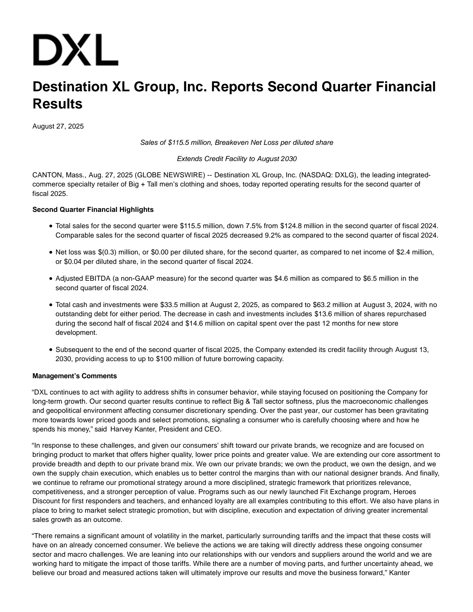 Destination XL Group's Q2 2026 Press Release