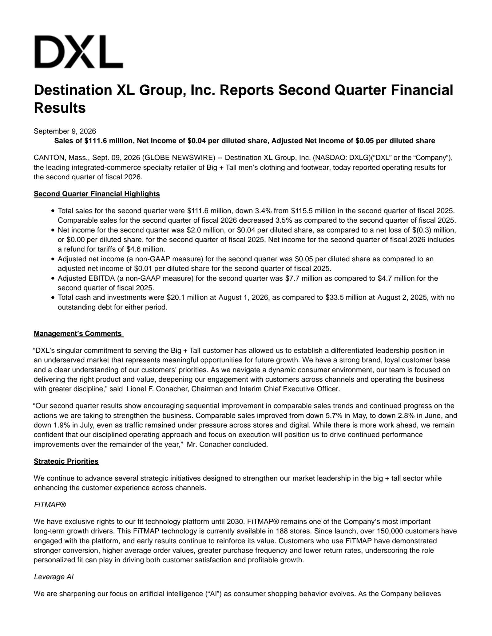 Destination XL Group's Q2 2027 Press Release