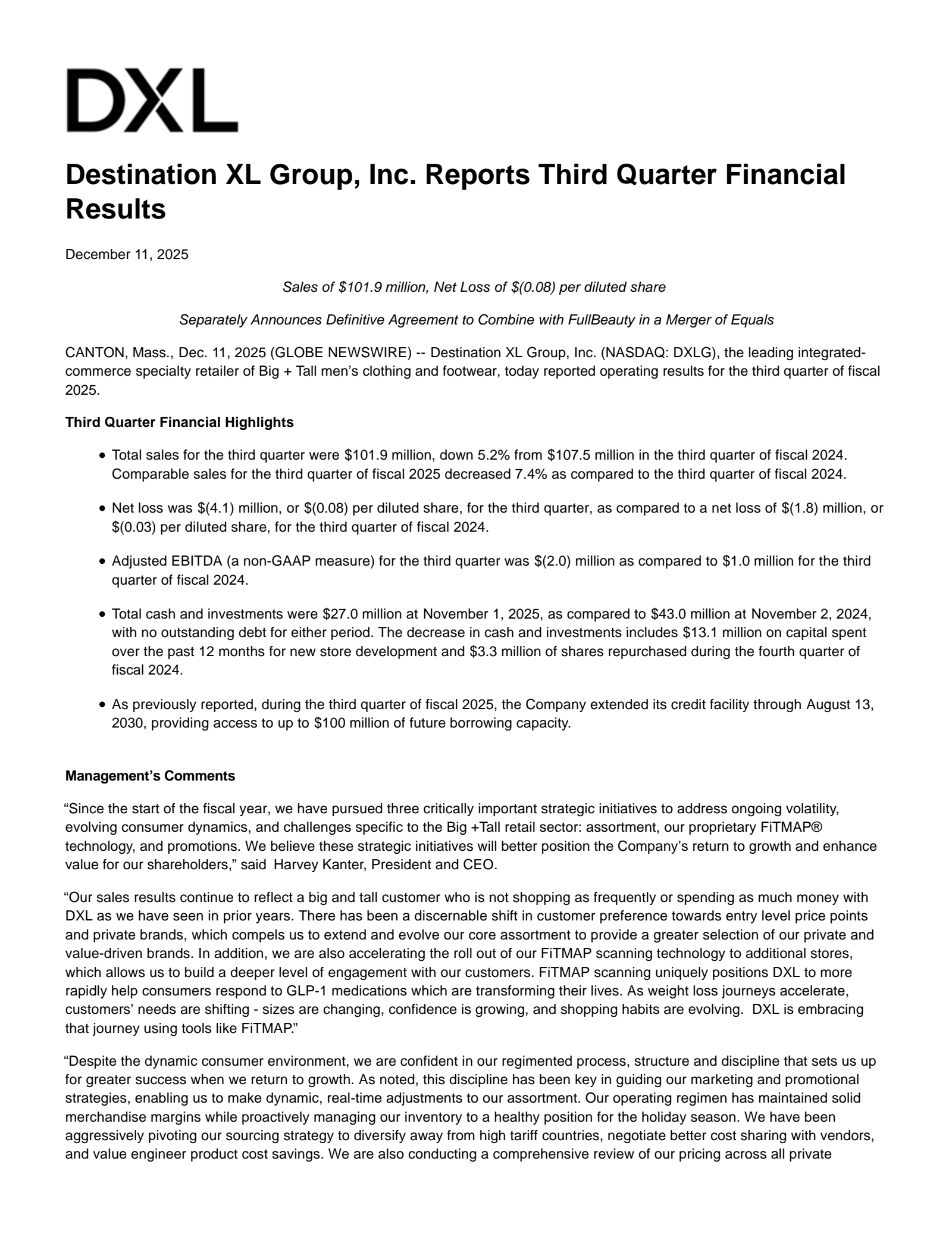 Destination XL Group's Q3 2026 Earnings Release