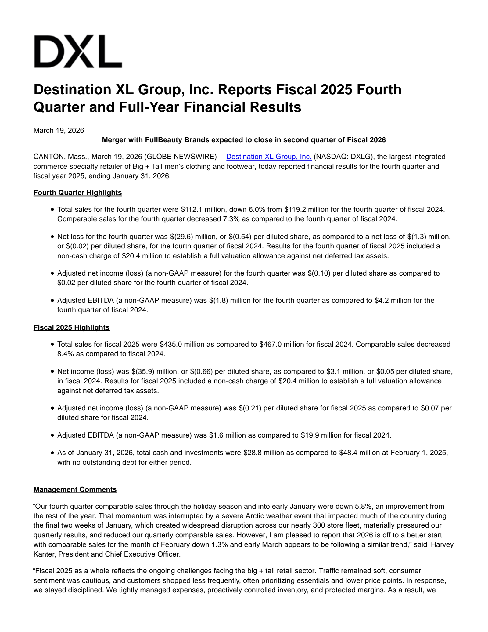 Destination XL Group's Q4 2026 Press Release