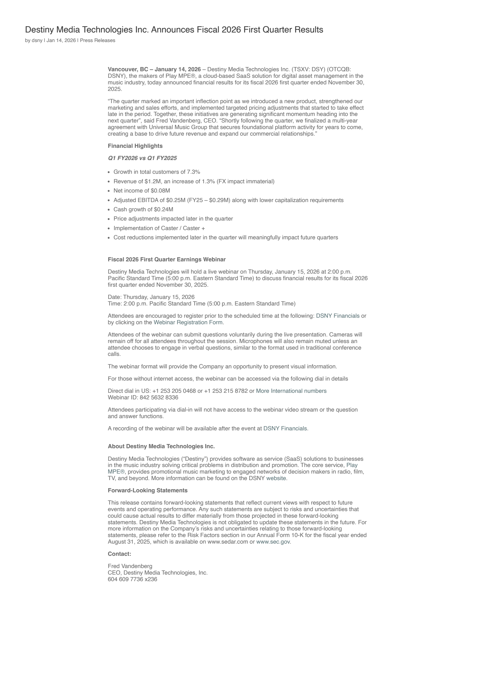 Destiny Media Technologies' Q1 2026 Press Release