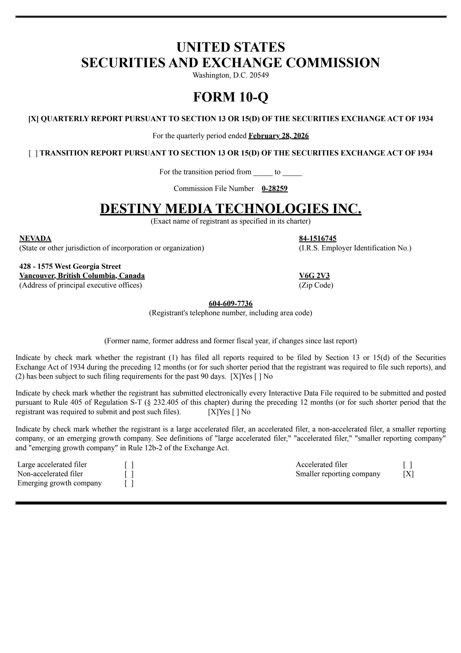 Destiny Media Technologies' Q2 2026 Quarterly report