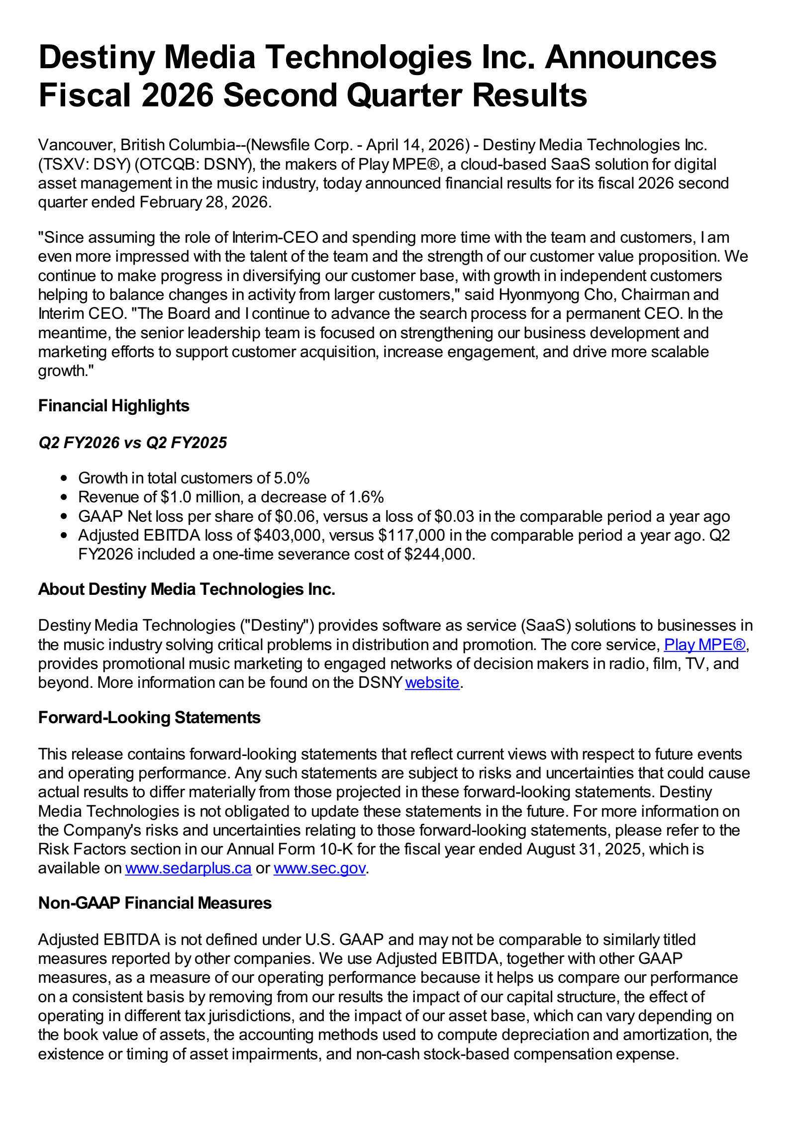 Destiny Media Technologies' Q2 2026 Press Release