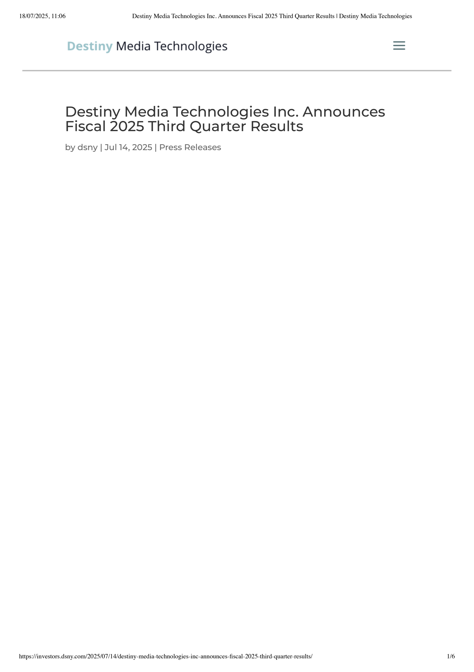 Destiny Media Technologies' Q3 2025 Press Release