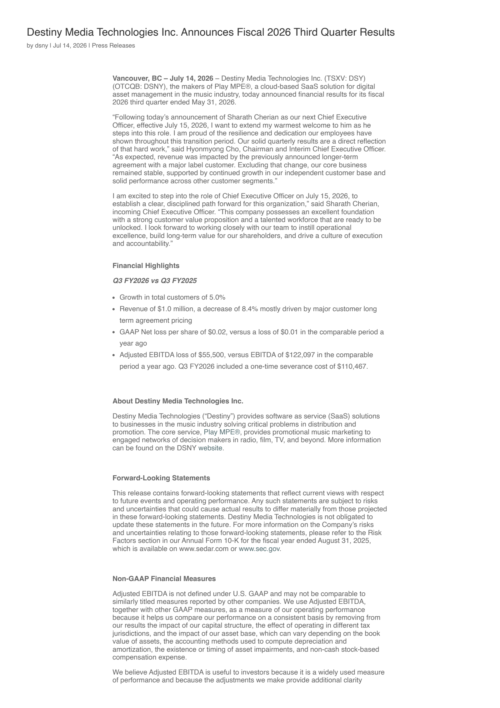 Destiny Media Technologies' Q3 2026 Press Release
