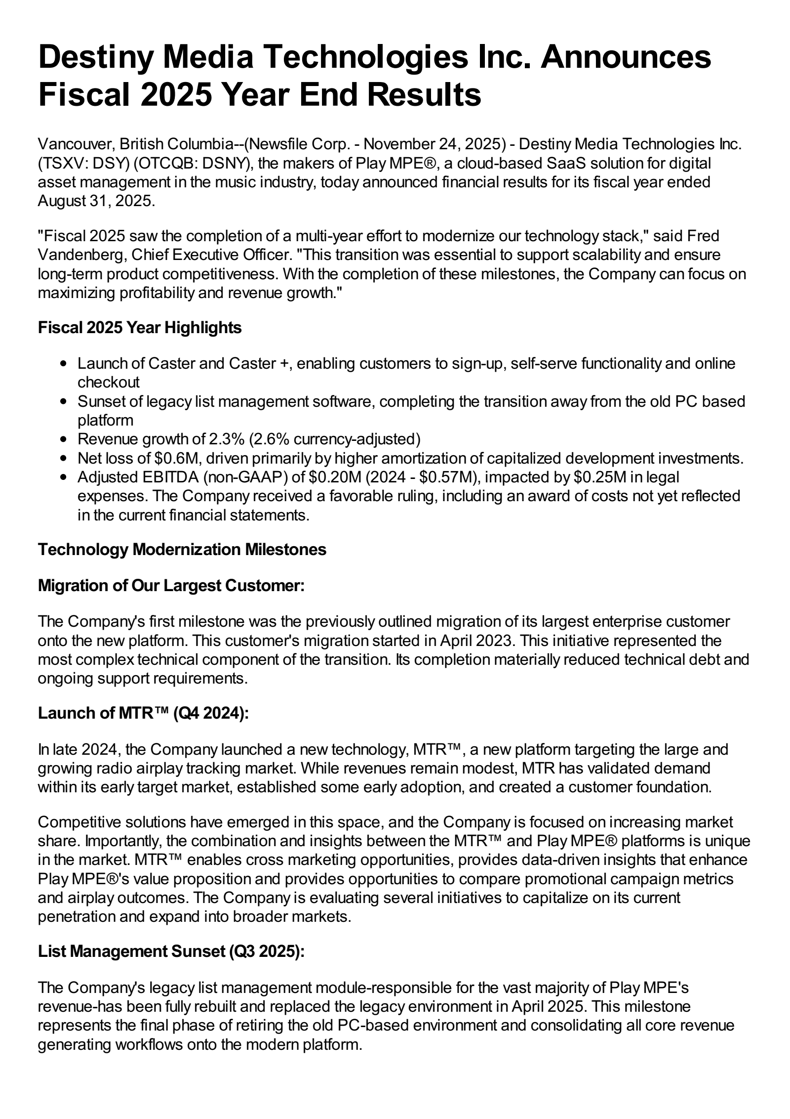 Destiny Media Technologies' Q4 2025 Earnings Release
