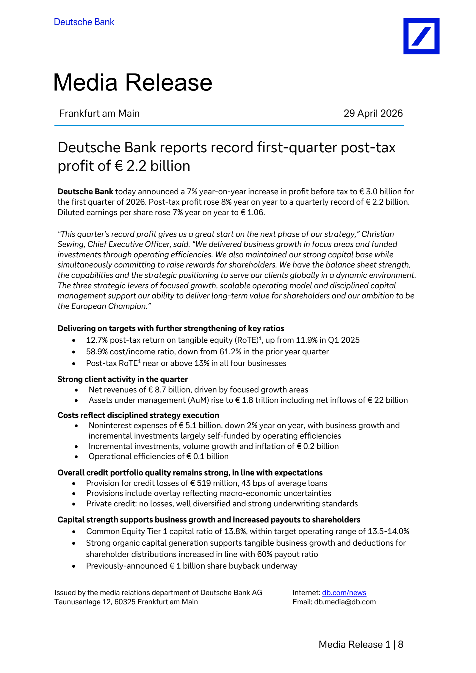 Deutsche Bank Aktiengesellschaft's Q1 2026 Pre Recorded Press Release