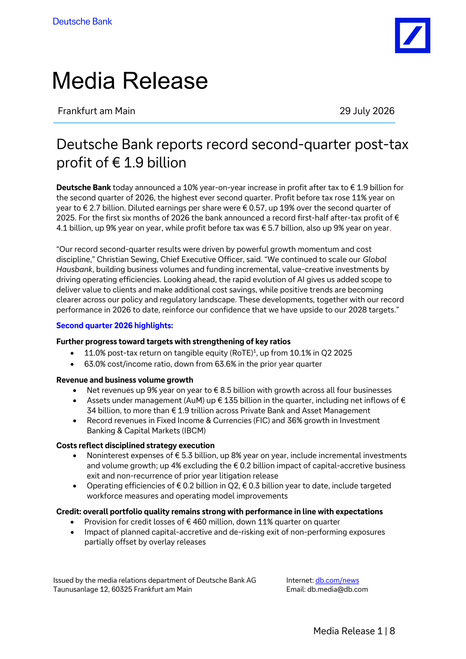 Deutsche Bank Aktiengesellschaft's Q2 2026 Pre recorded Press Release