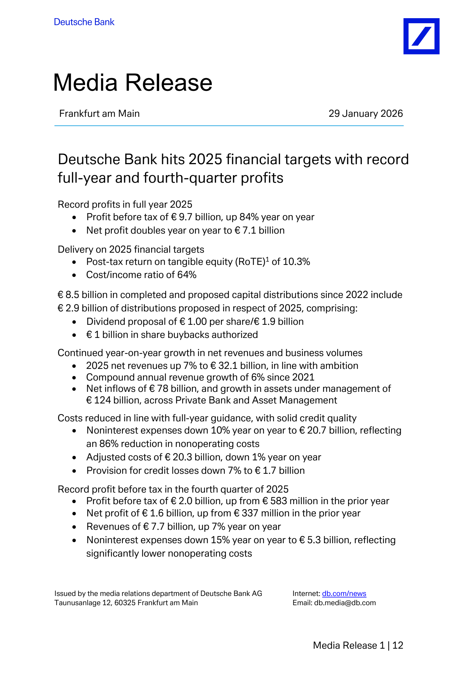 Deutsche Bank Aktiengesellschaft's Q4 2025 Pre Recorded Press Release