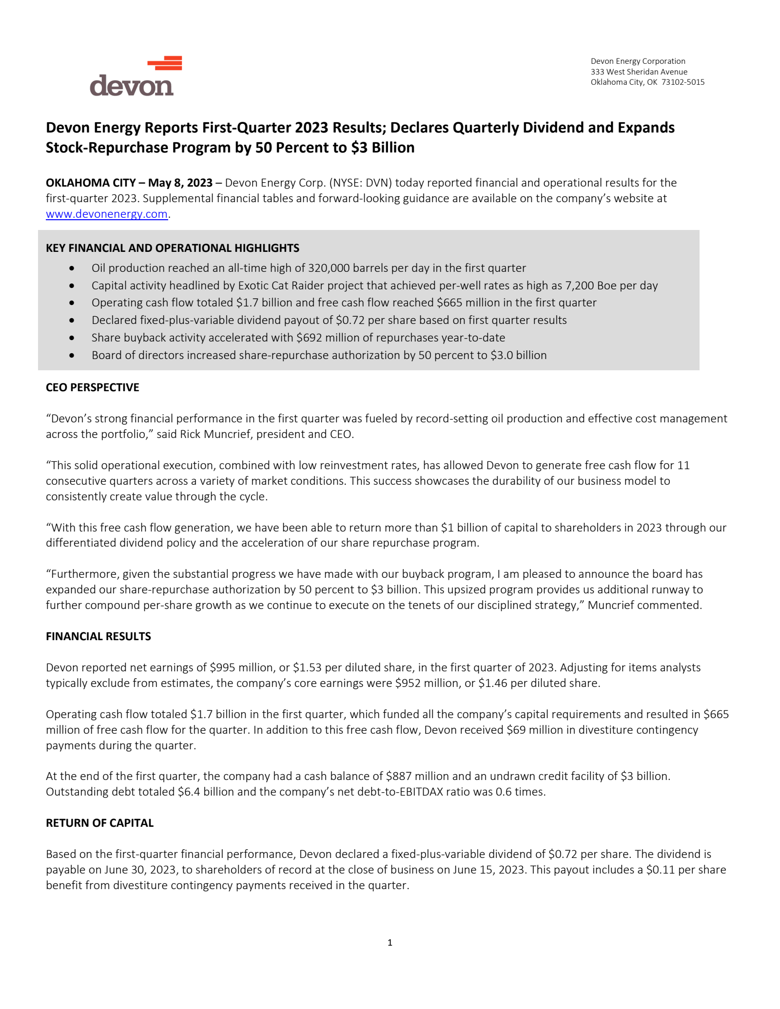 Devon Energy's Q1 2023 Earnings Release