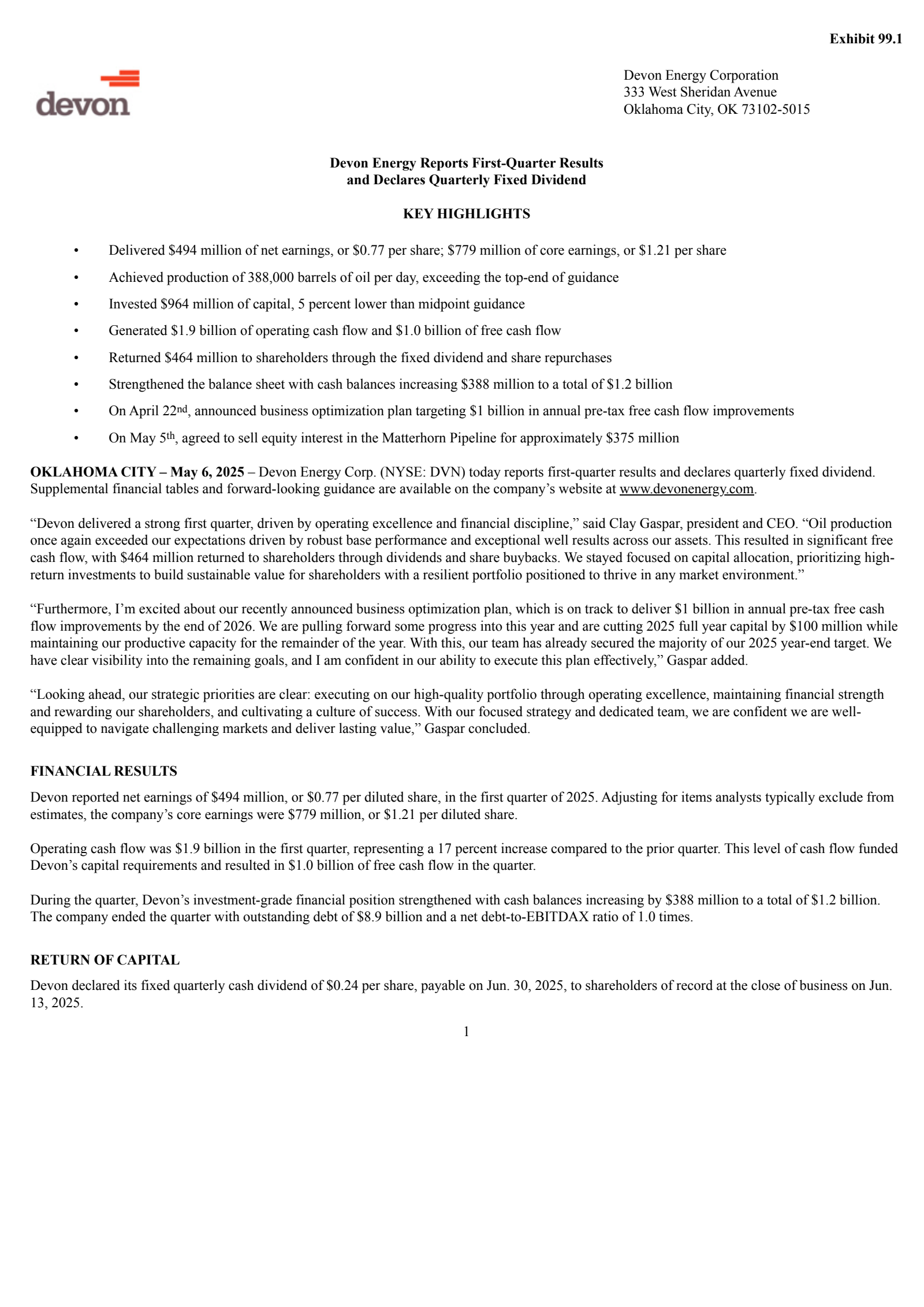 DVN Q1 2025 Earnings Report on 5/6/2025