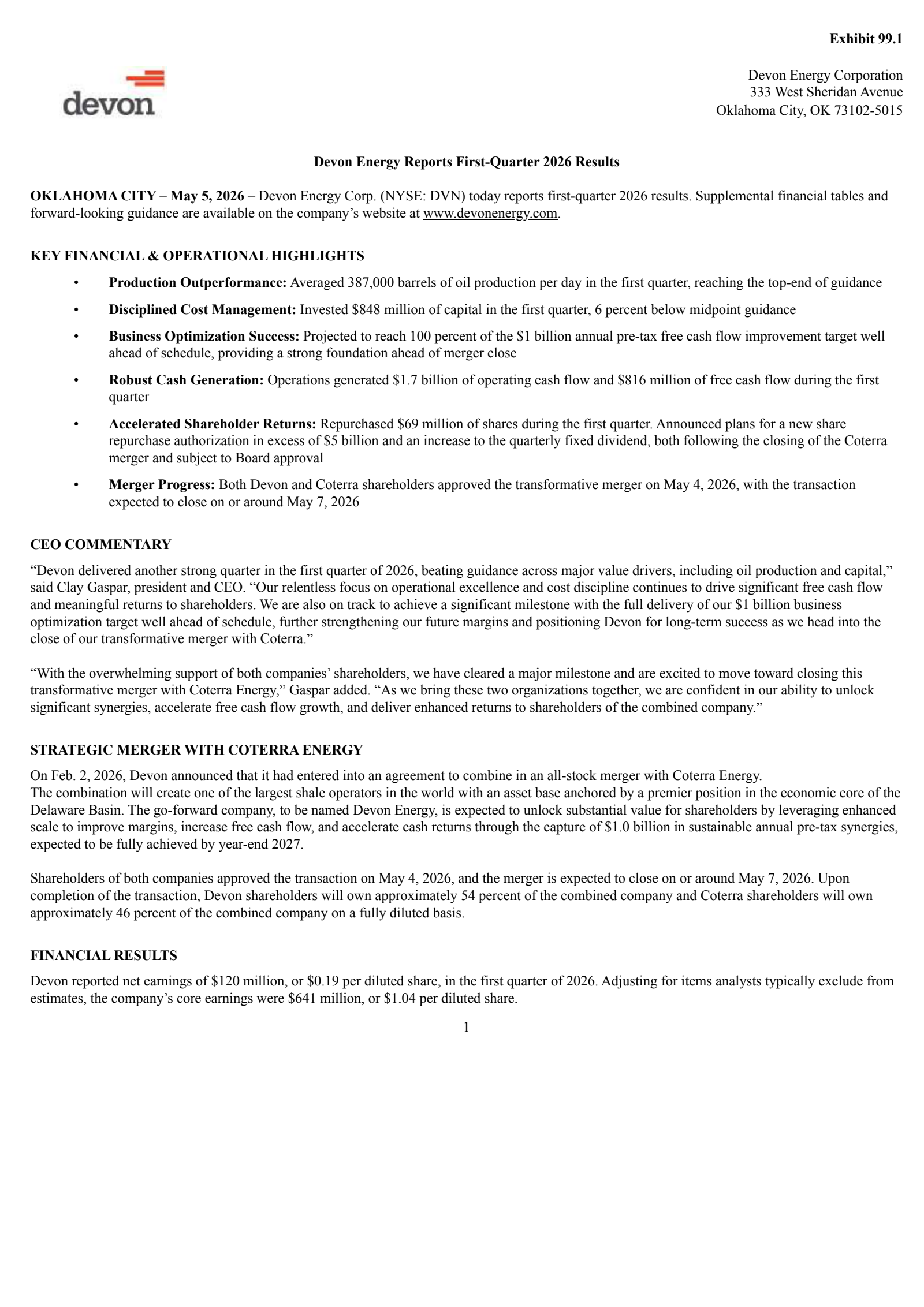 Devon Energy's Q1 2026 Press Release