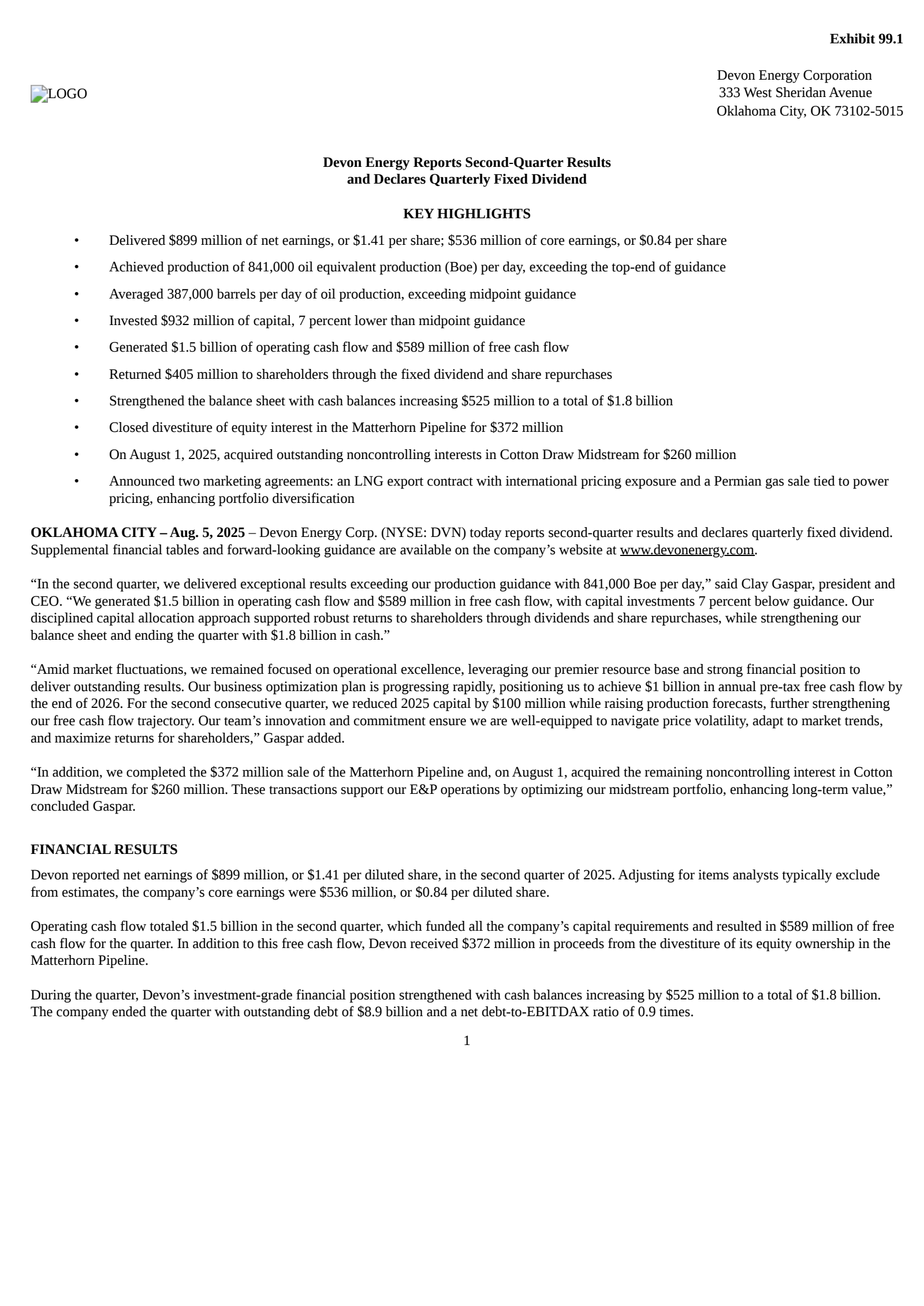 Devon Energy's Q2 2025 Press Release