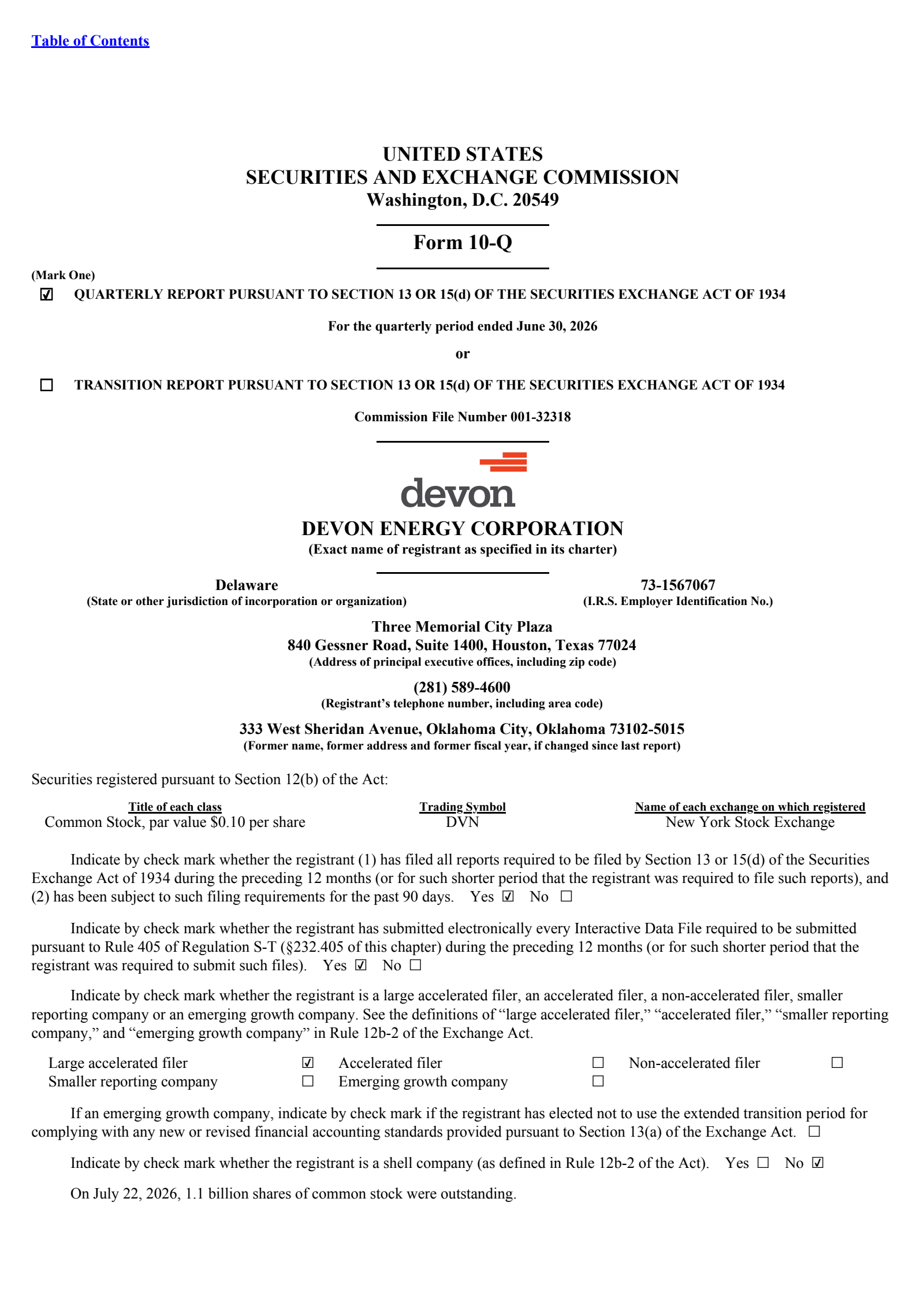 Devon Energy's Q2 2026 Quarterly report