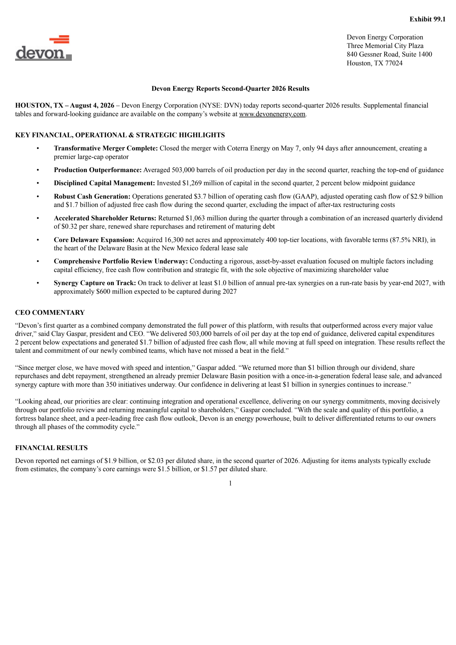 Devon Energy's Q2 2026 Press Release