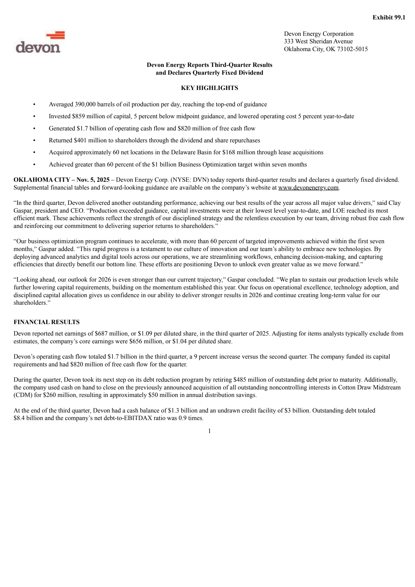 Devon Energy's Q3 2025 Earnings Release