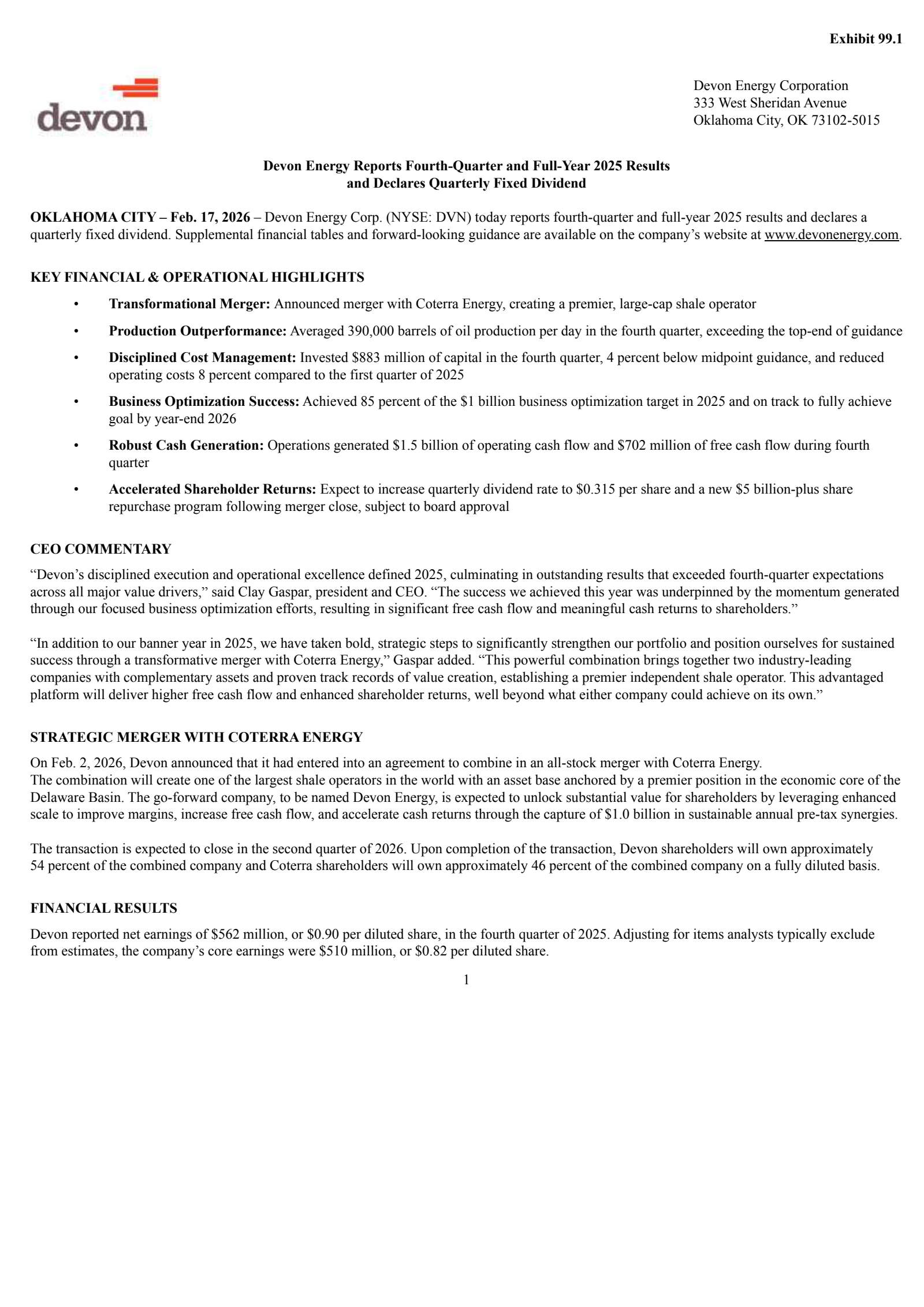 Devon Energy's Q4 2025 Press Release