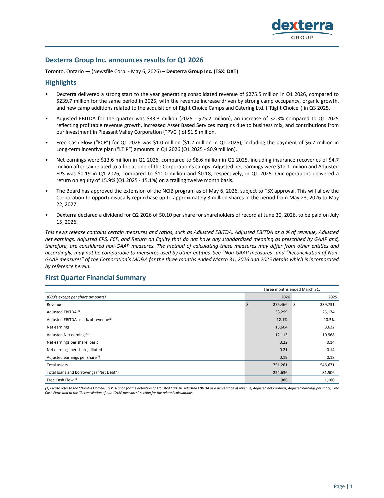 Dexterra Group's Q1 2026 Press Release