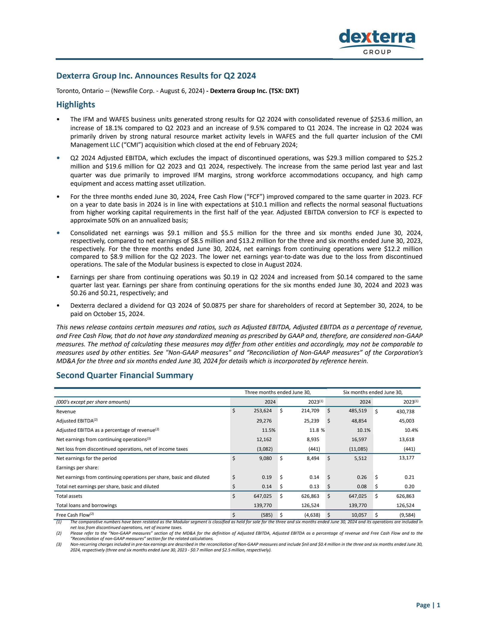 Dexterra Group's Q2 2024 Press Release