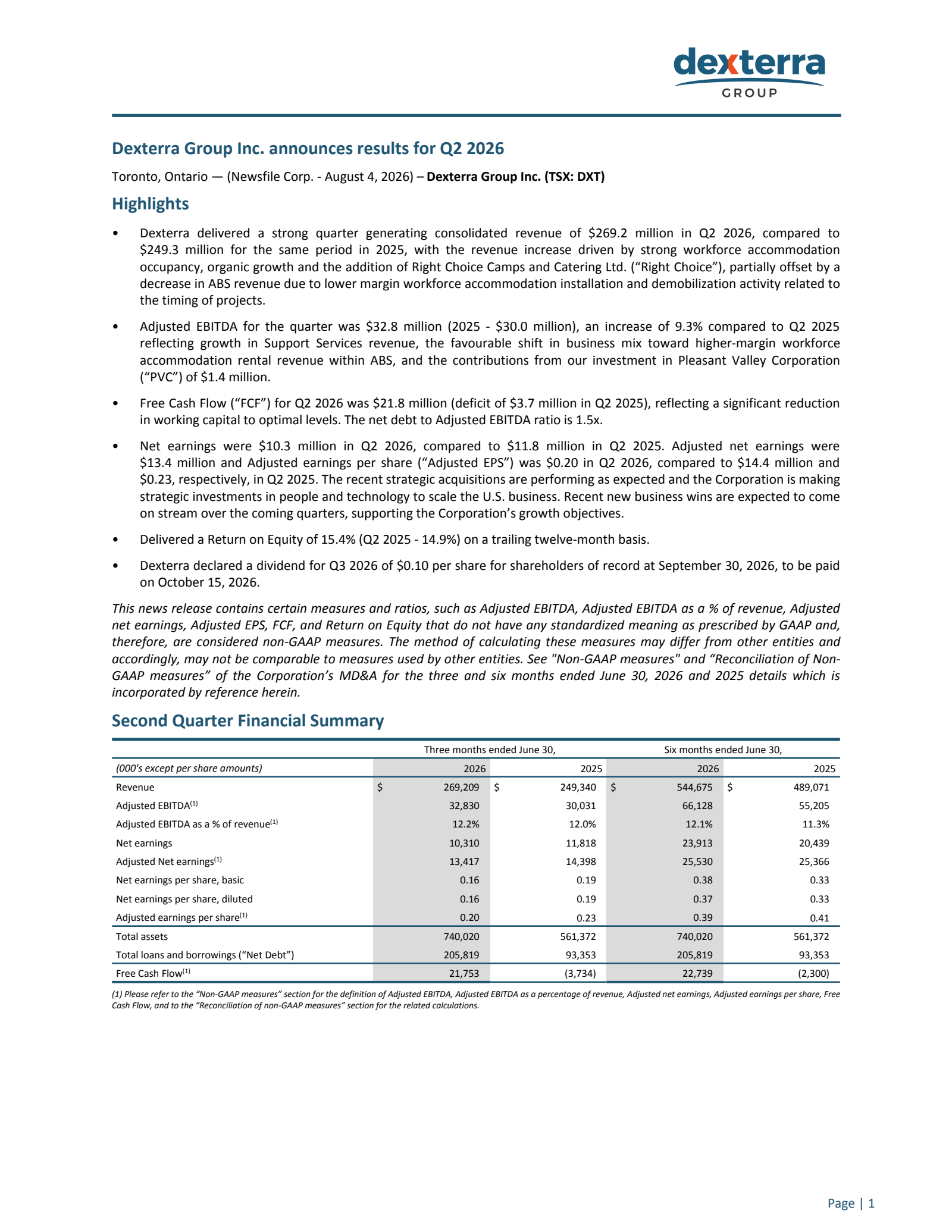 Dexterra Group's Q2 2026 Press Release