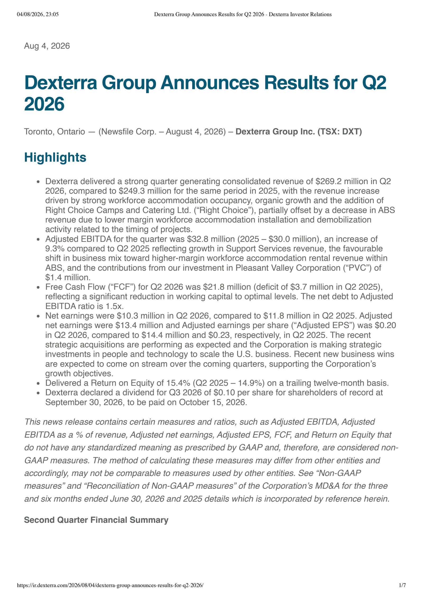 Dexterra Group's Q2 2026 Press Release