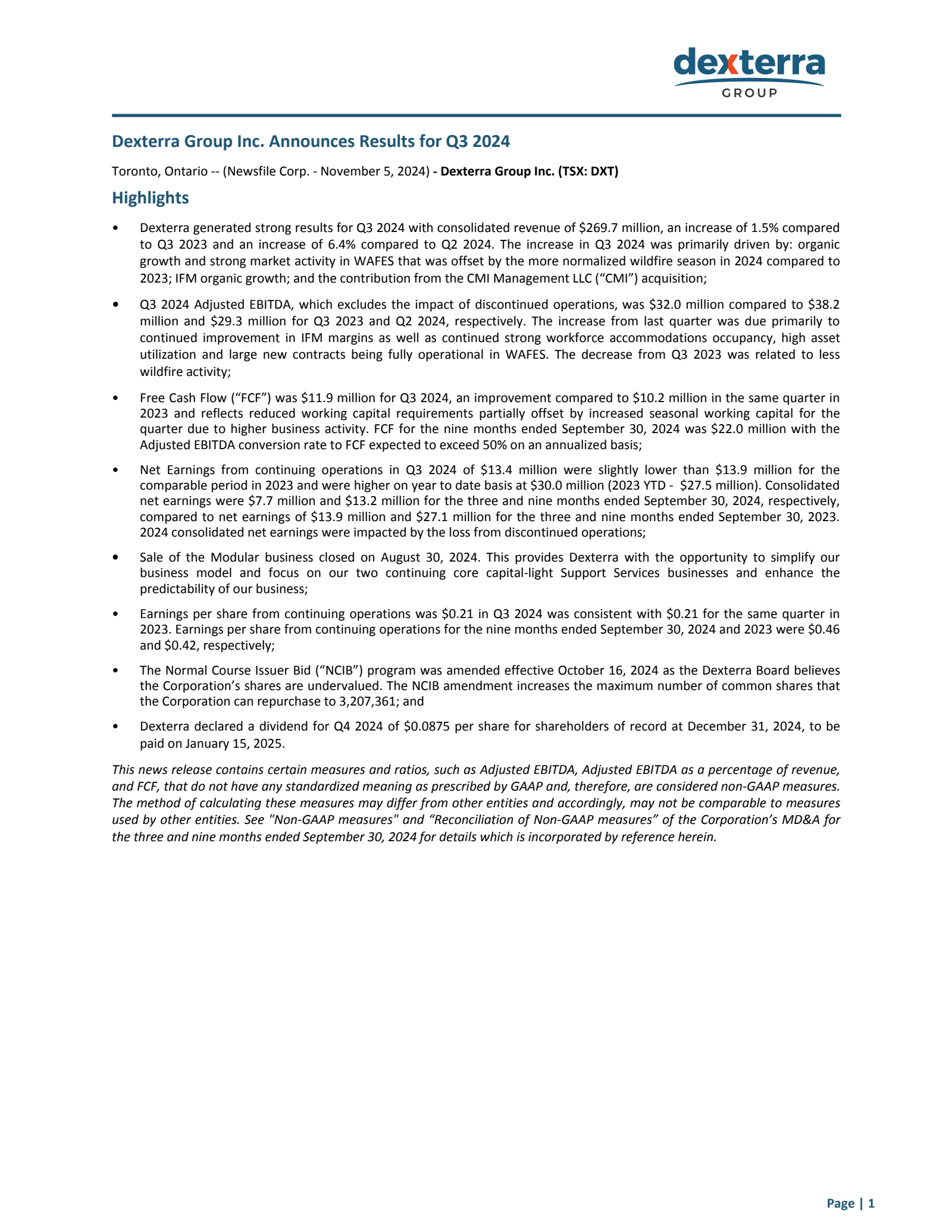 Dexterra Group's Q3 2024 Press Release