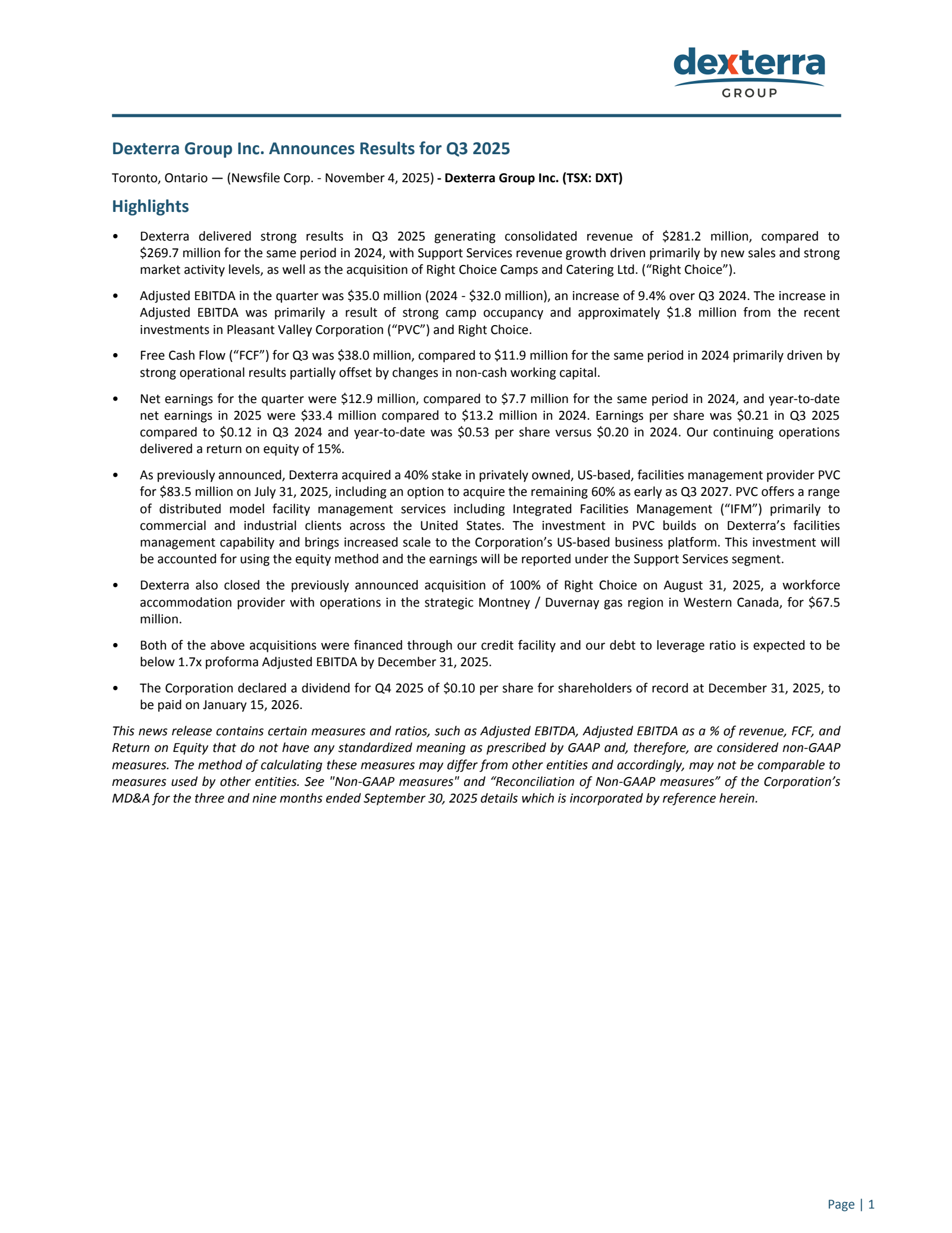Dexterra Group's Q3 2025 Earnings Release