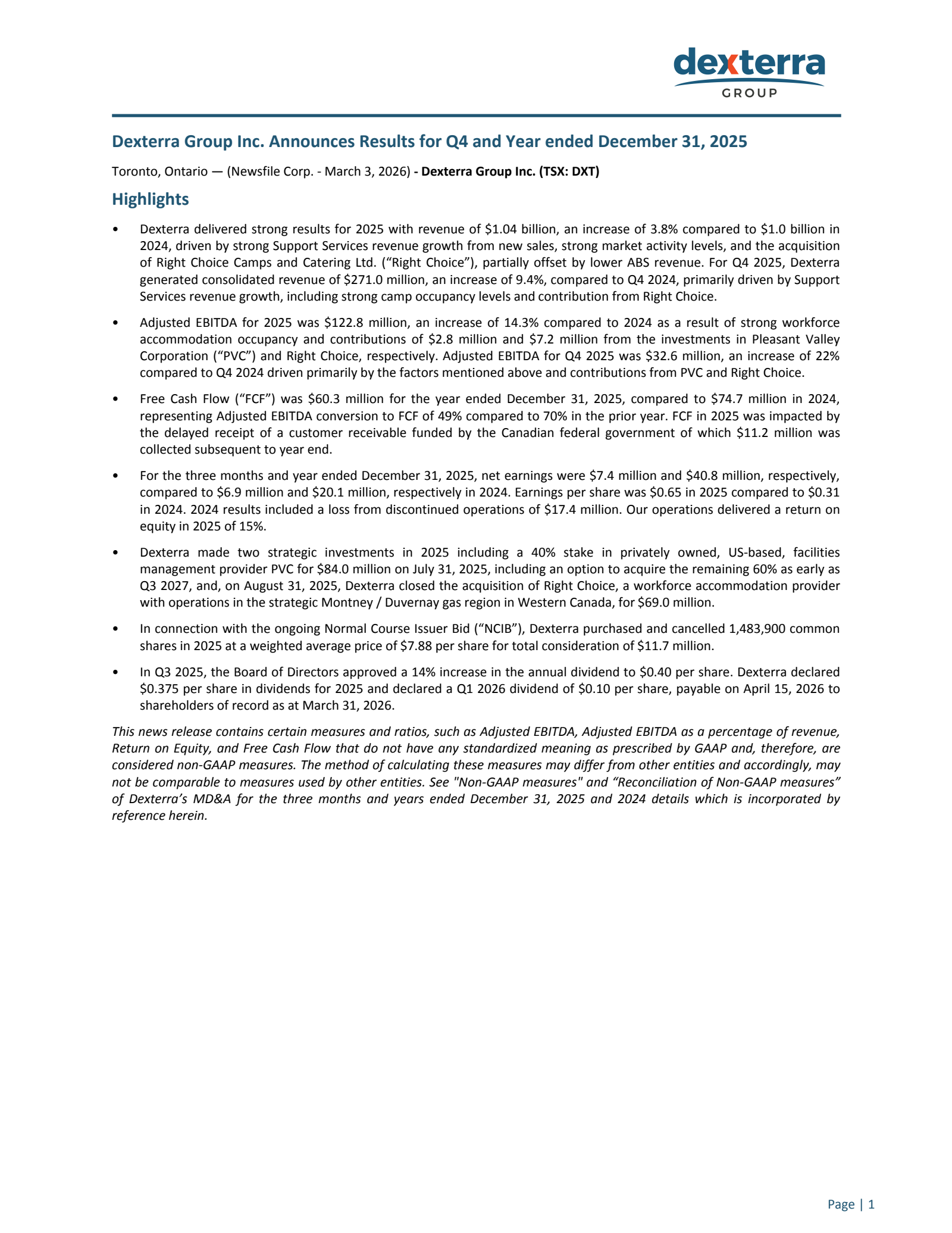 Dexterra Group's Q4 2025 Press Release