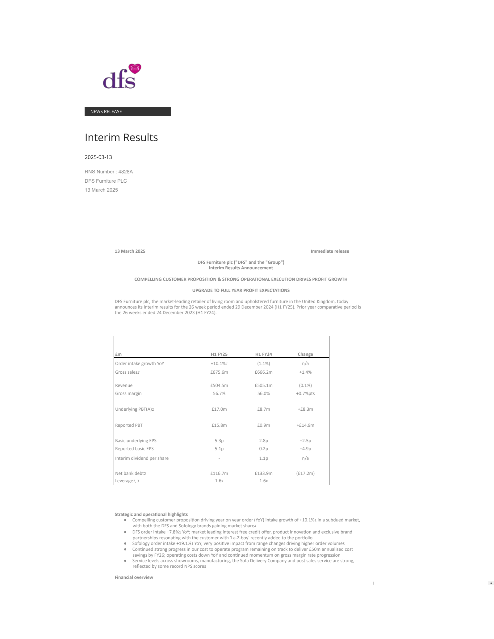 DFS Furniture's H1 2025 Interim report