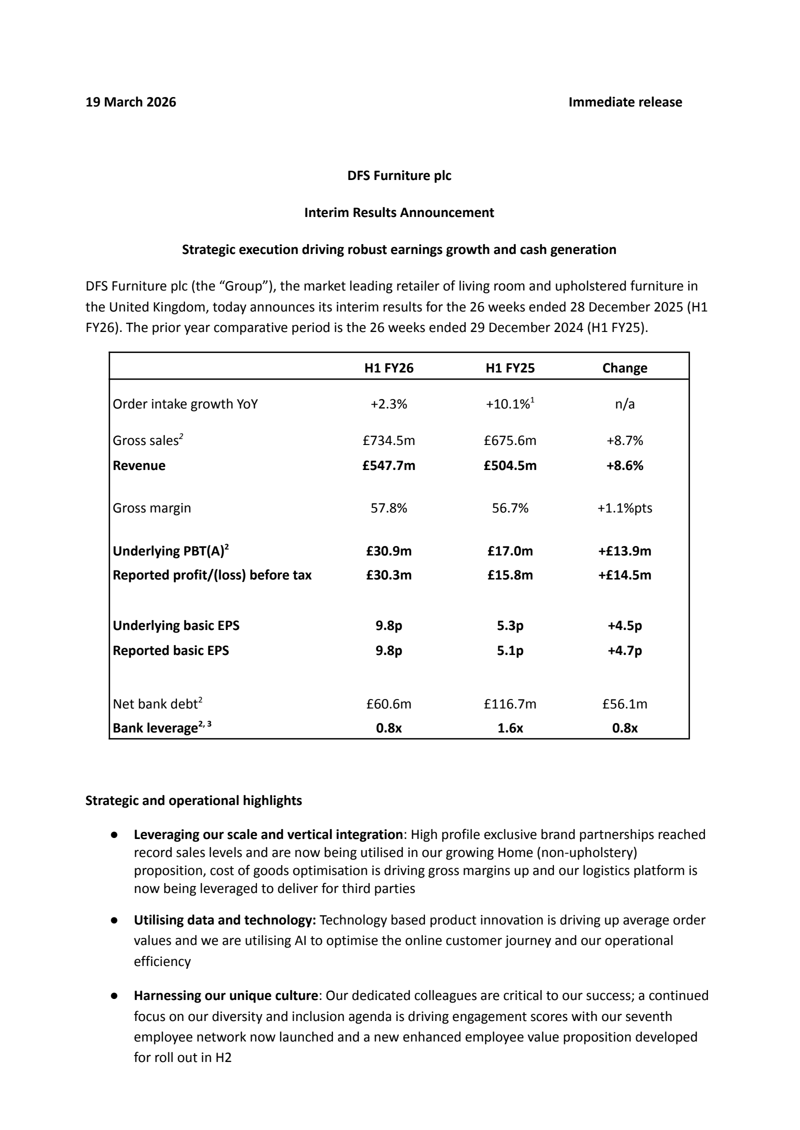 DFS Furniture's H1 2026 Interim report
