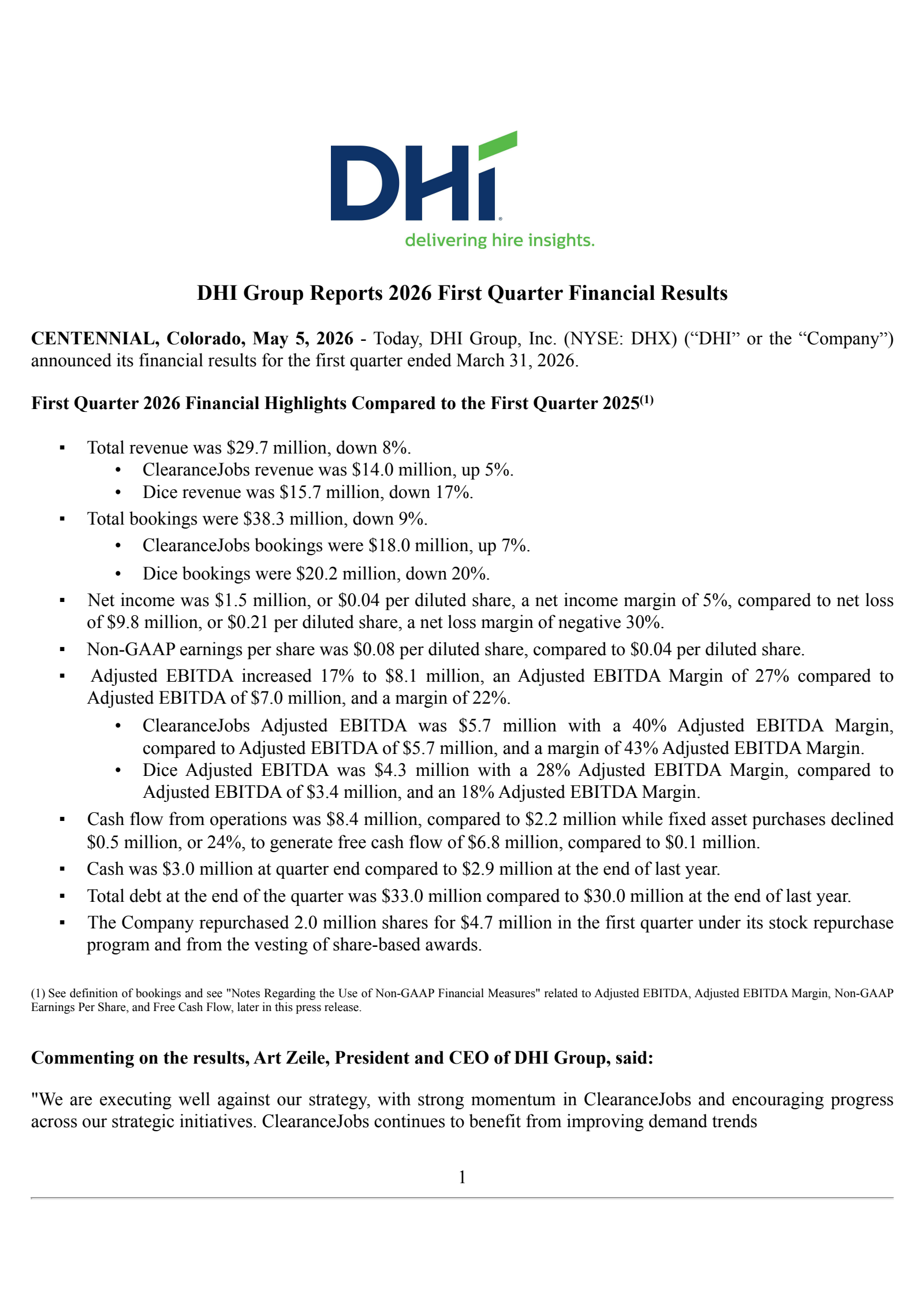 DHI Group's Q1 2026 Press Release