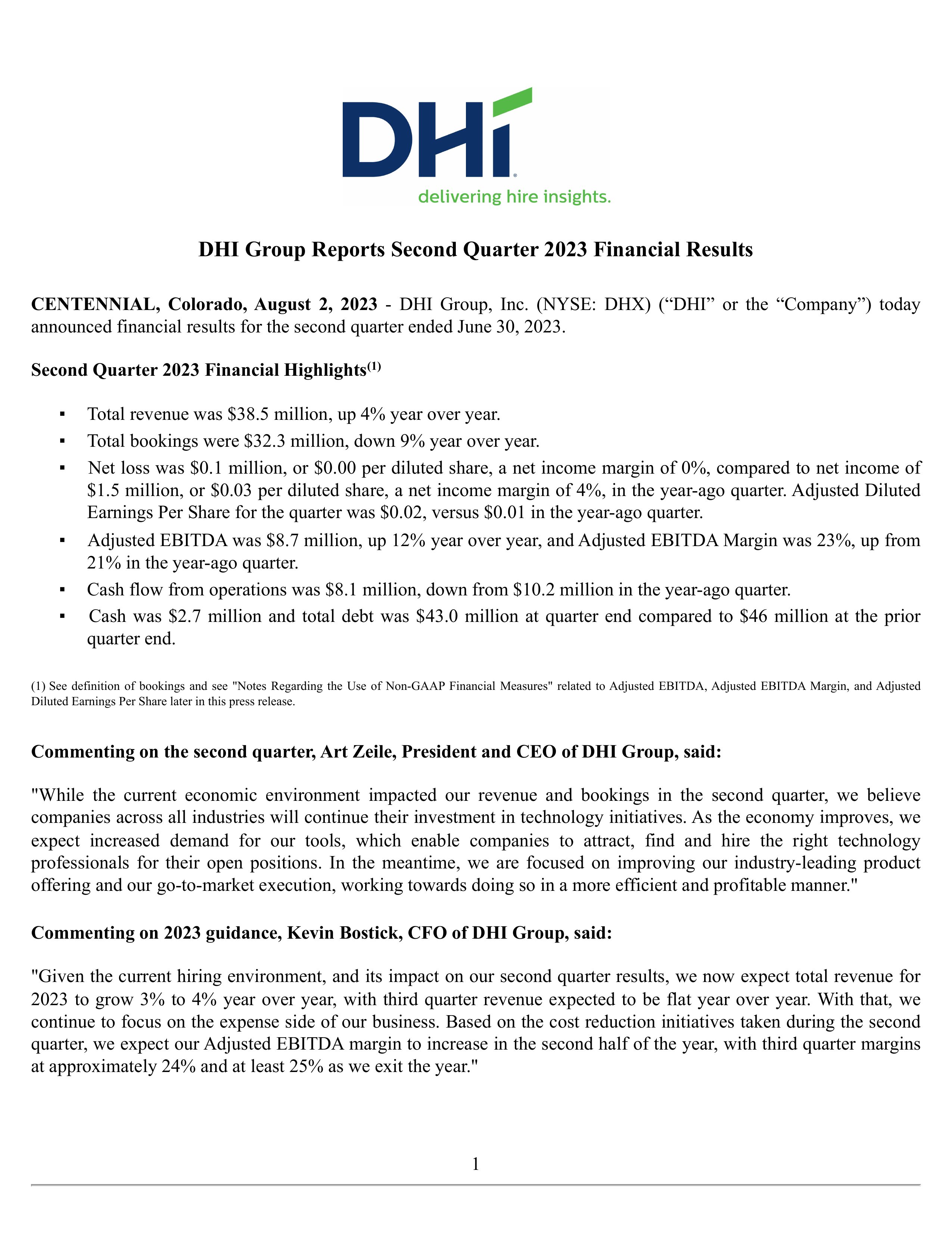 DHI Group's Q2 2023 Press Release