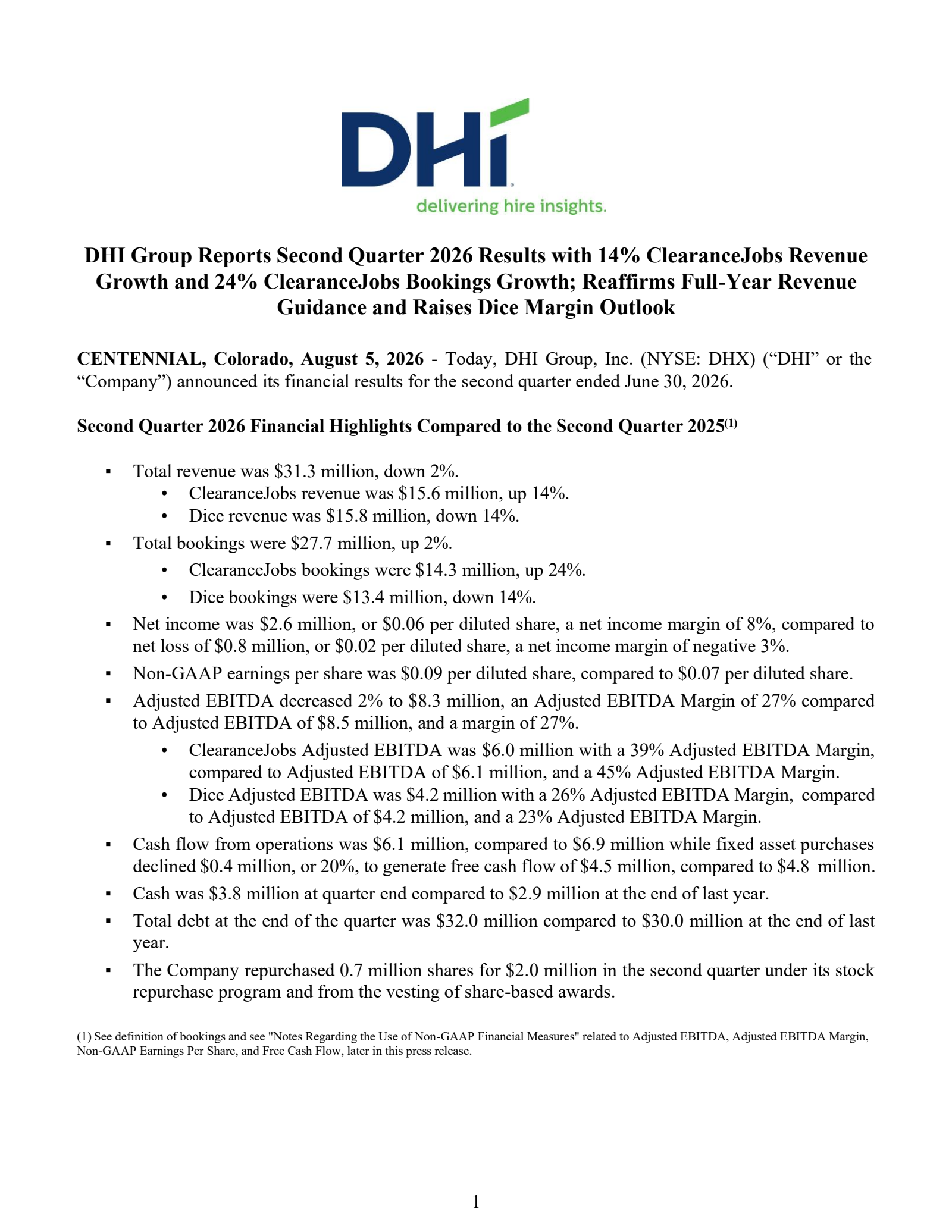 DHI Group's Q2 2026 Press Release