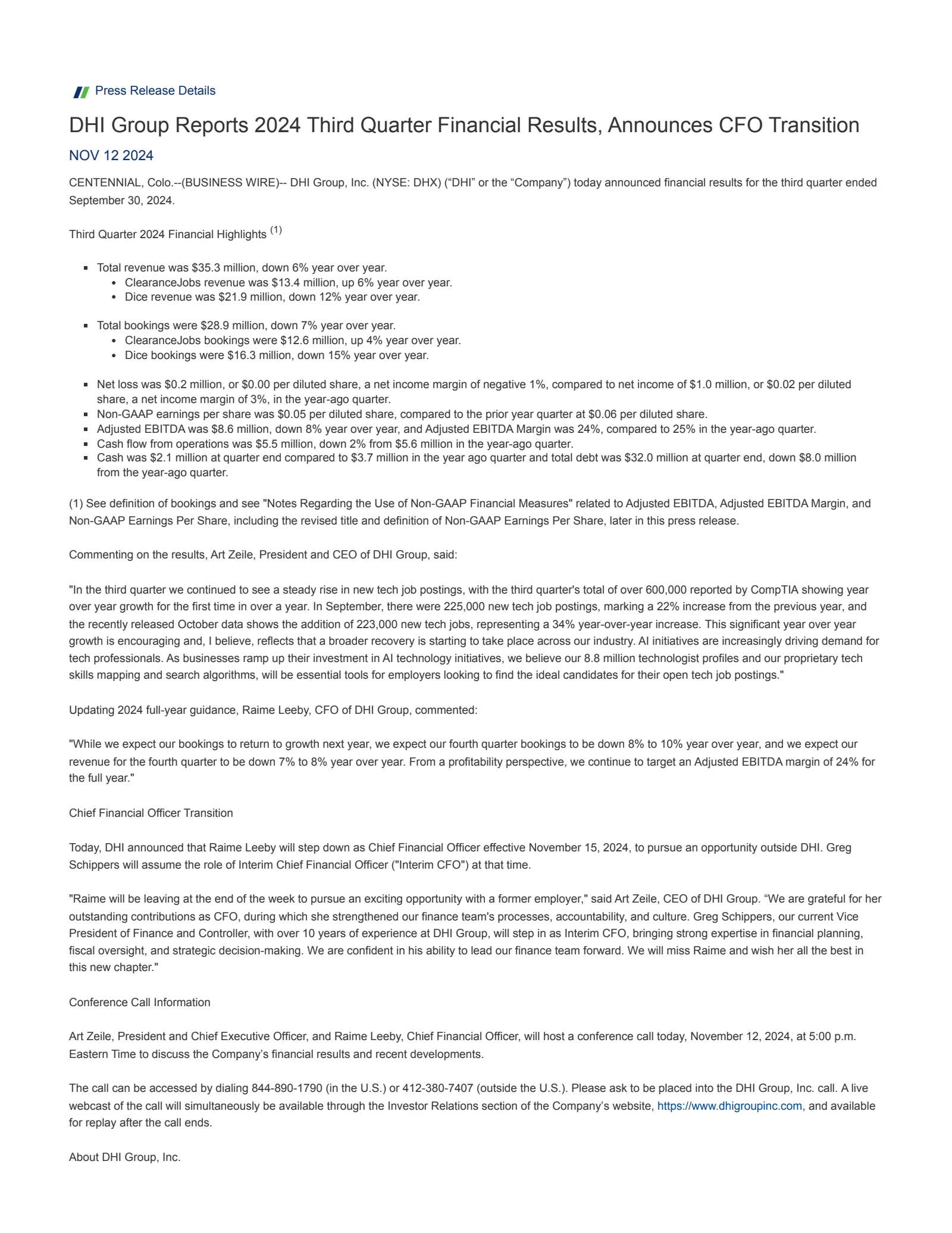 DHI Group's Q3 2024 Press Release