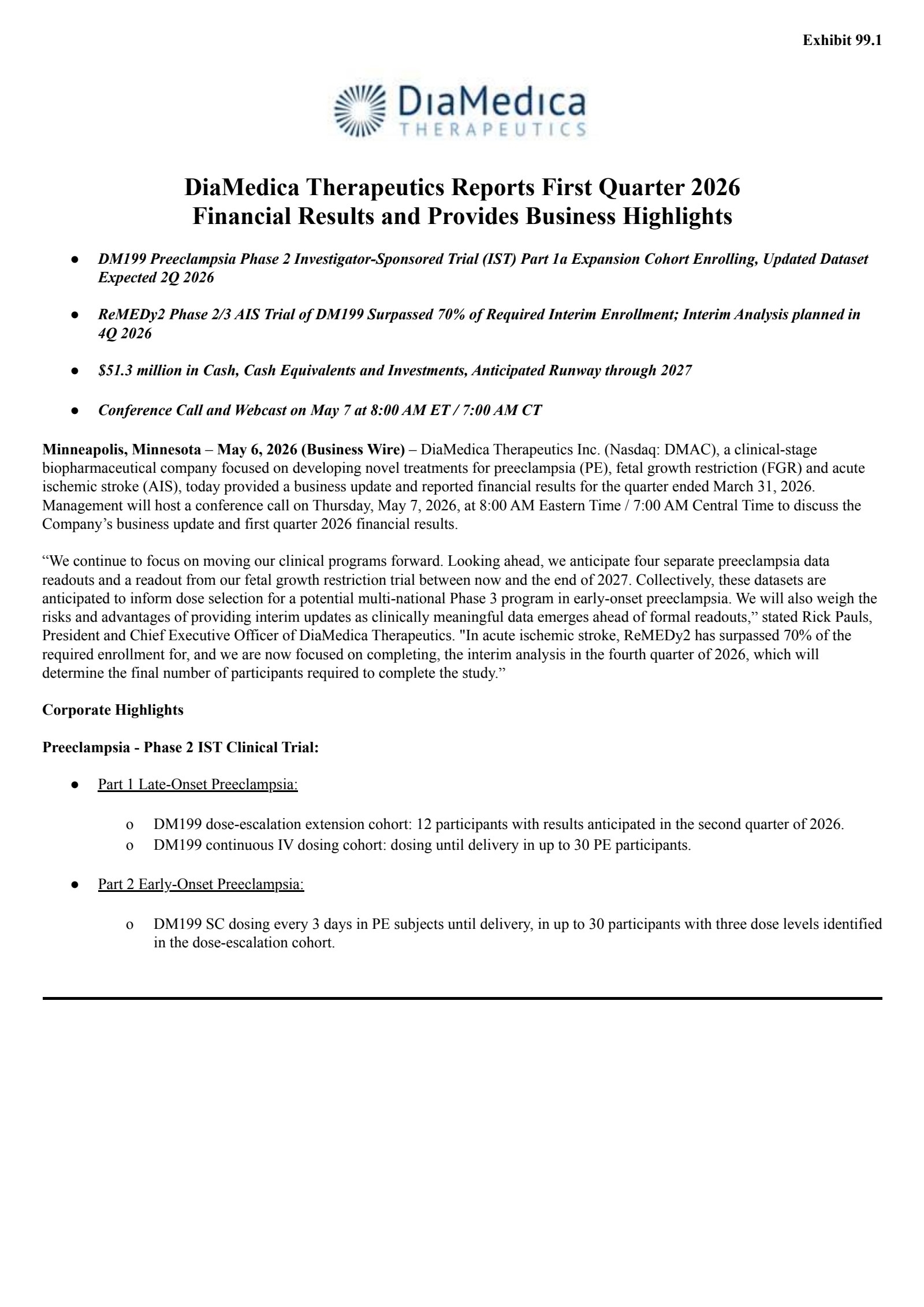 DiaMedica Therapeutics' Q1 2026 Press Release