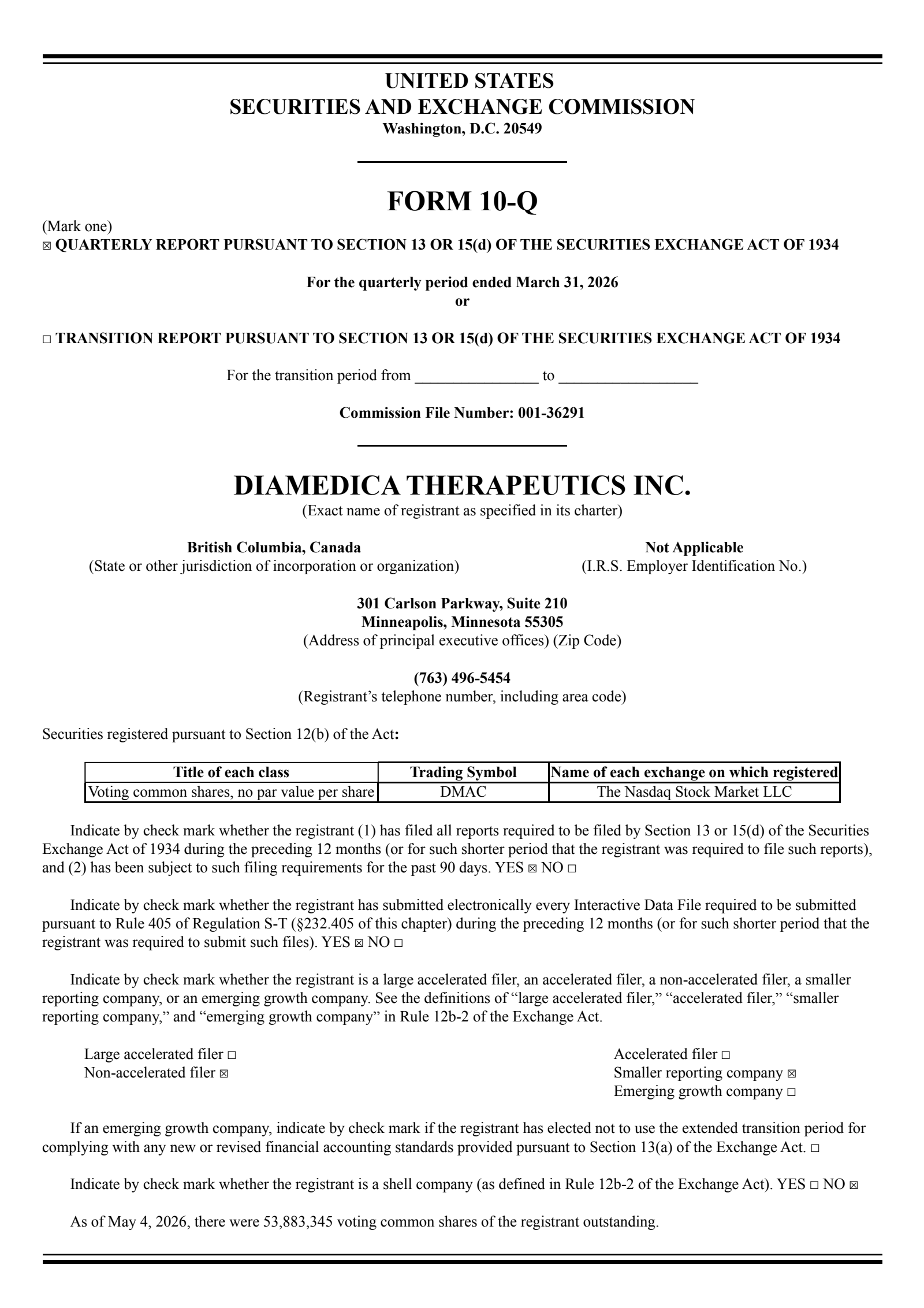 DiaMedica Therapeutics' Q1 2026 Quarterly report