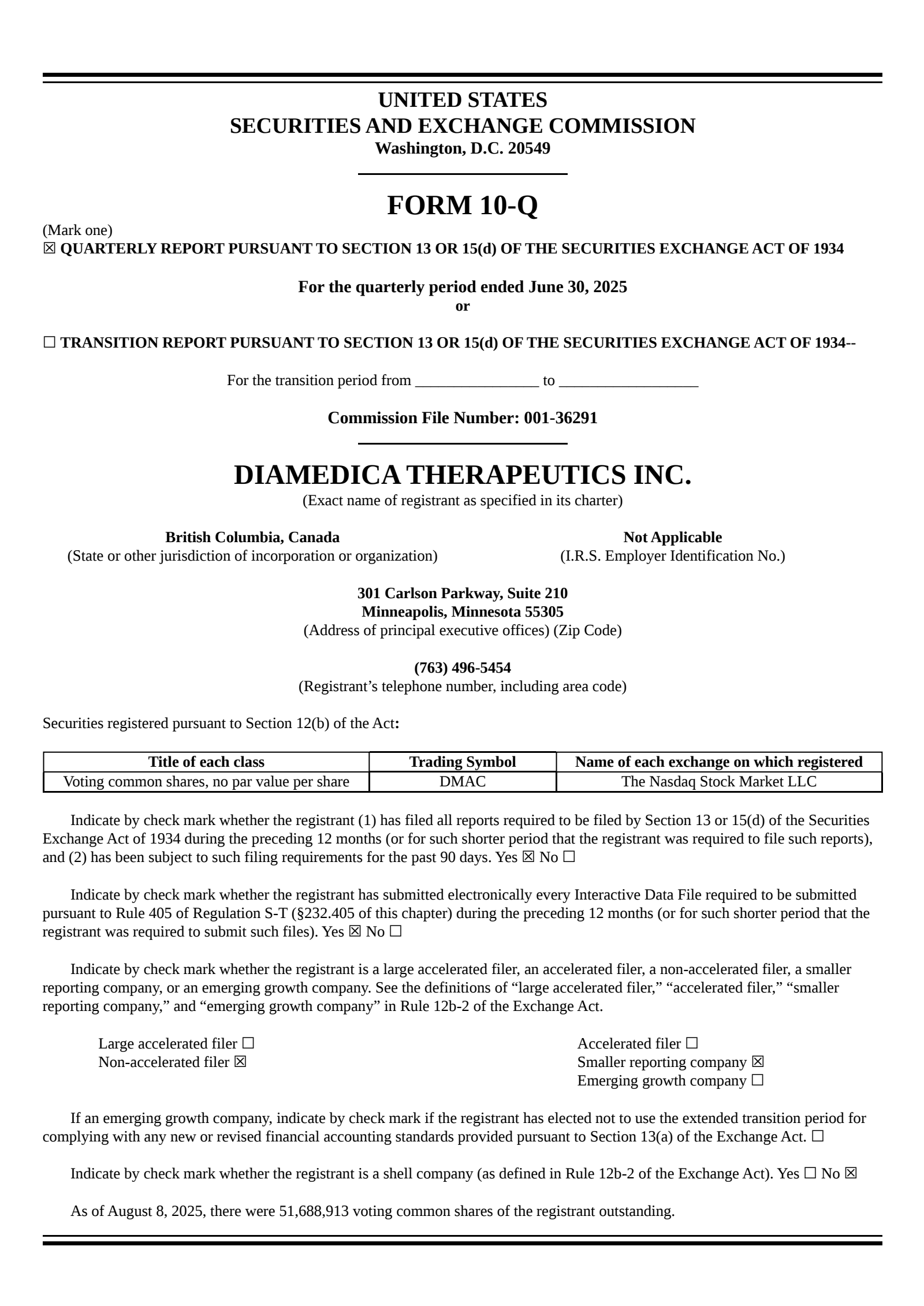 DiaMedica Therapeutics' Q2 2025 Quarterly report