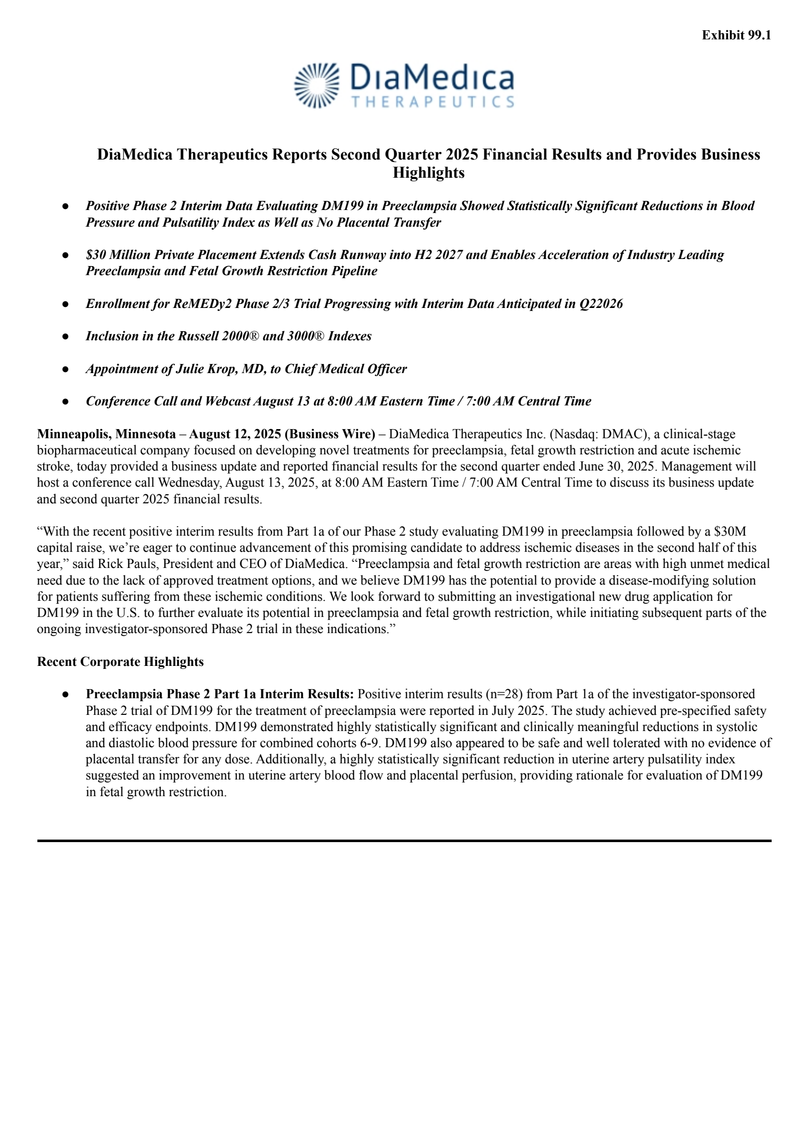 DiaMedica Therapeutics' Q2 2025 Press Release