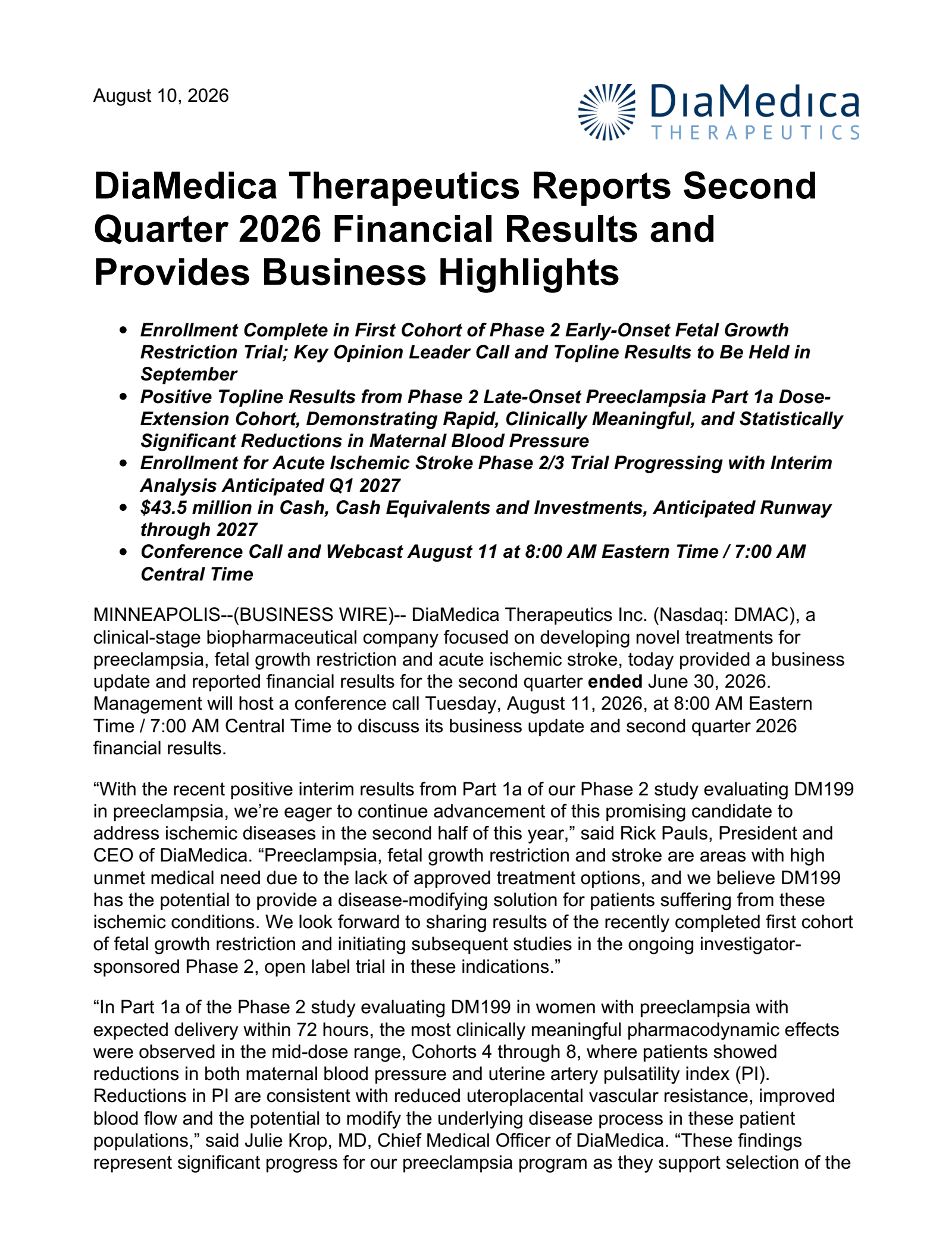 DiaMedica Therapeutics' Q2 2026 Press Release