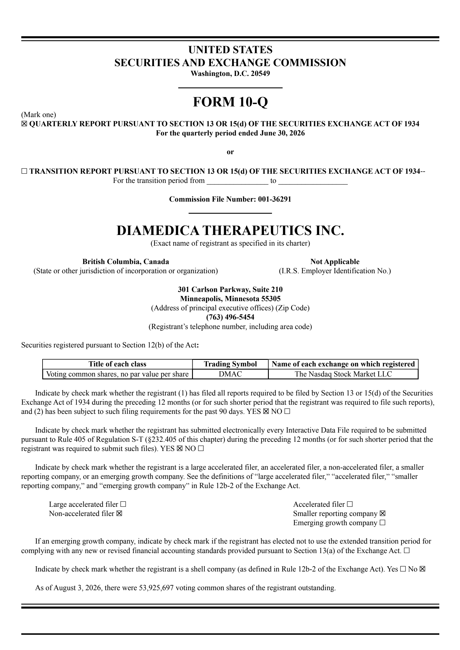 DiaMedica Therapeutics' Q2 2026 Quarterly report