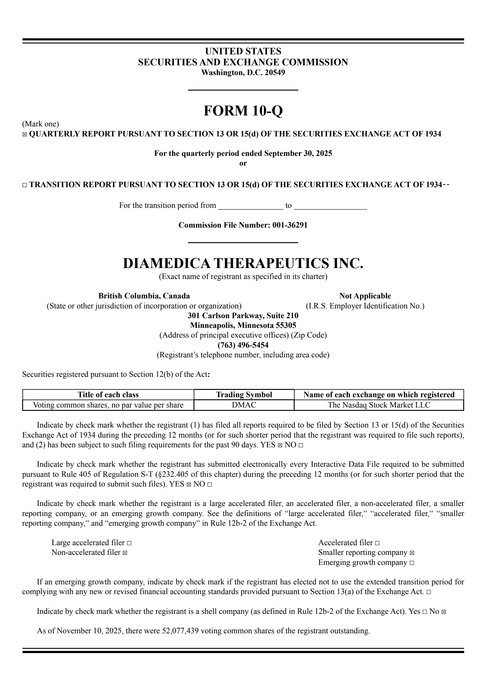 DiaMedica Therapeutics' Q3 2025 Quarterly Report