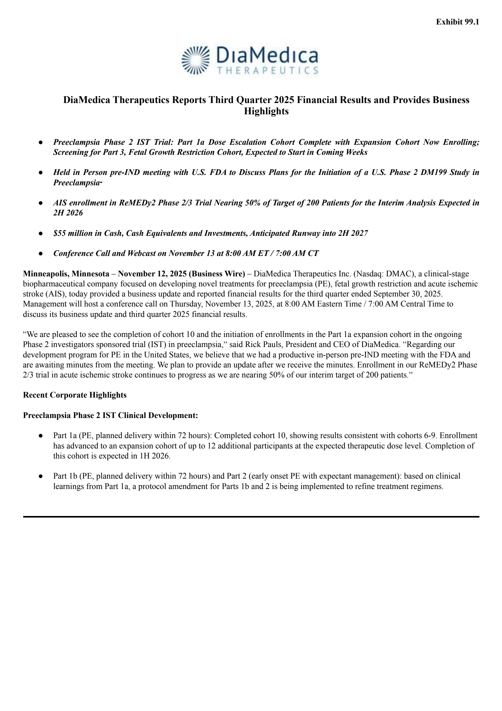 DiaMedica Therapeutics' Q3 2025 Earnings Release