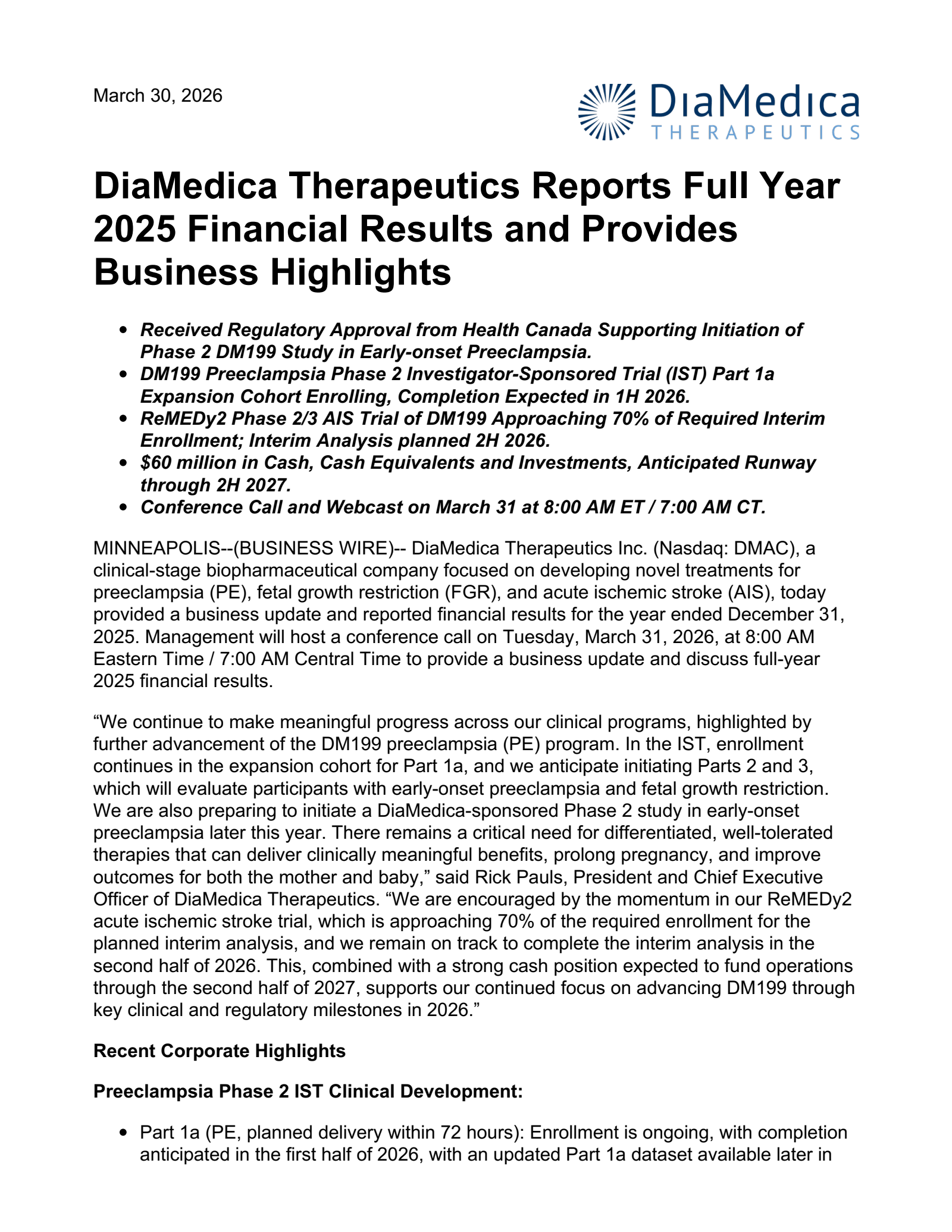 DiaMedica Therapeutics' Q4 2025 Press Release