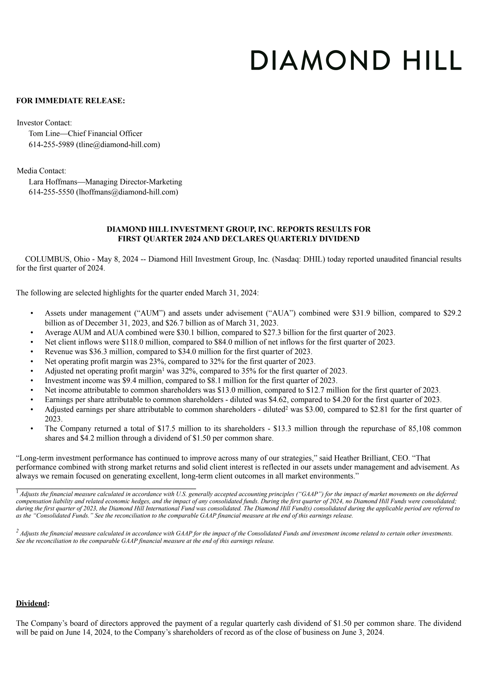 Diamond Hill Investment Group's Q1 2024 Press Release