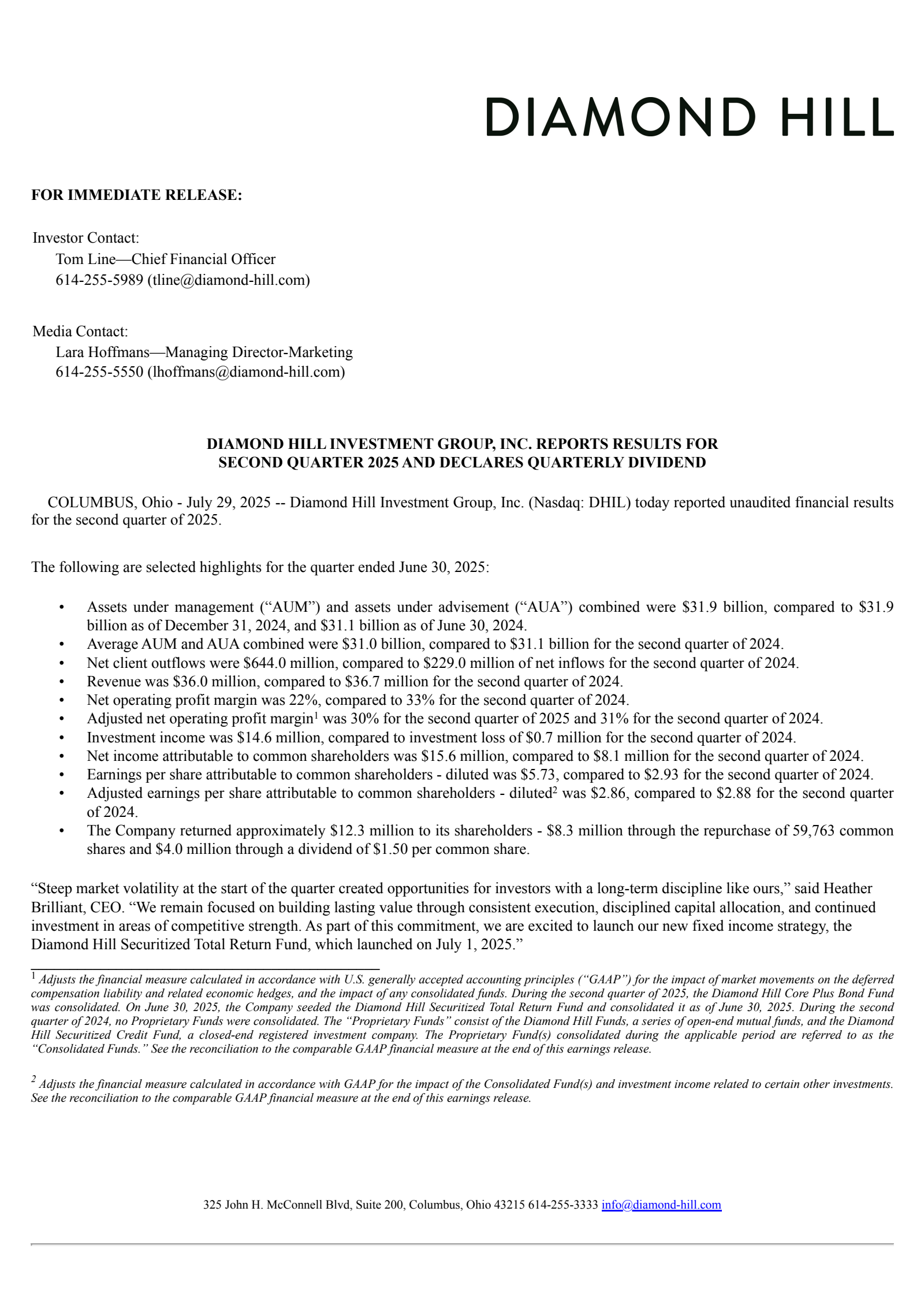 Diamond Hill Investment Group's Q2 2025 Press Release