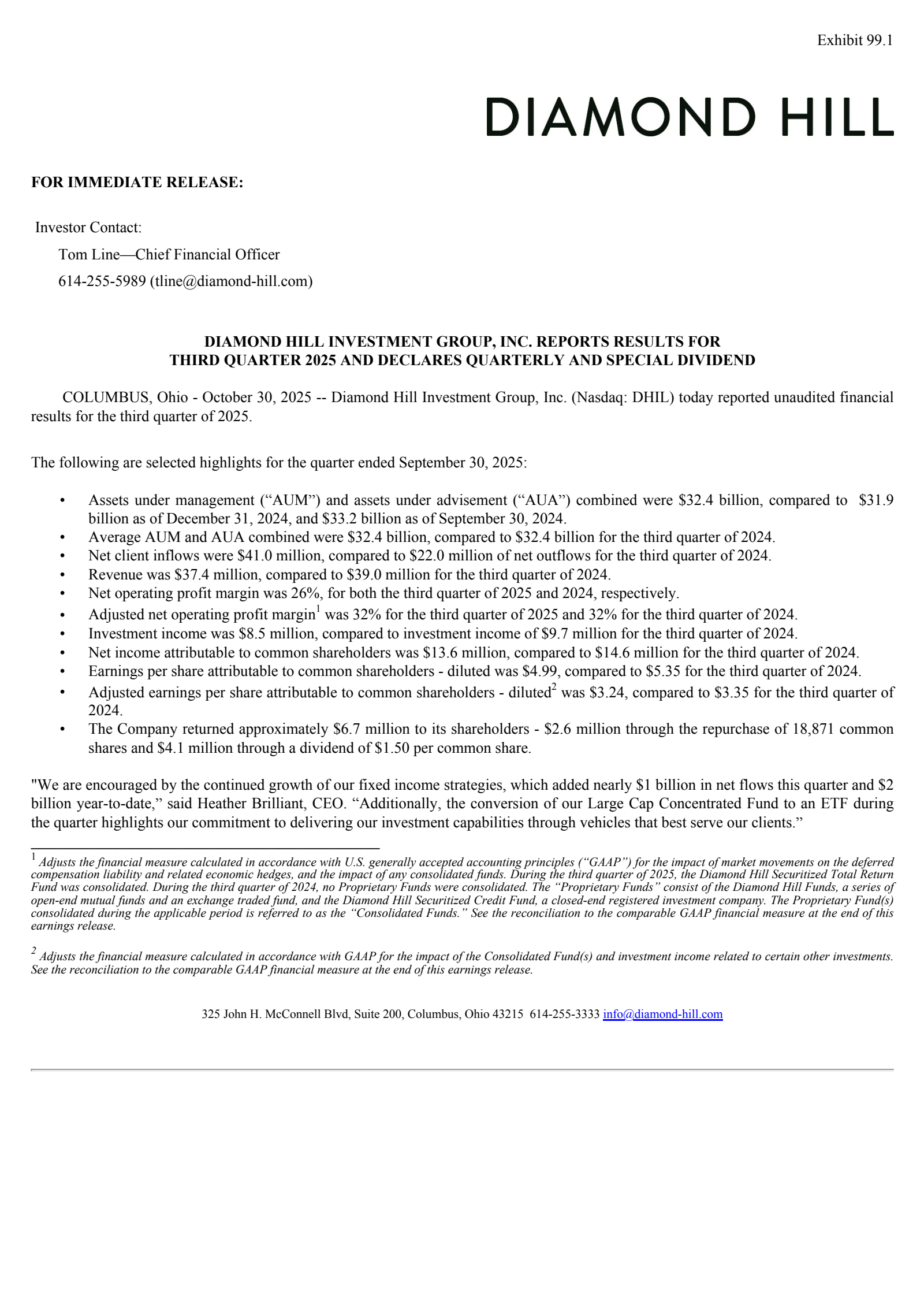 Diamond Hill Investment Group's Q3 2025 Earnings Release