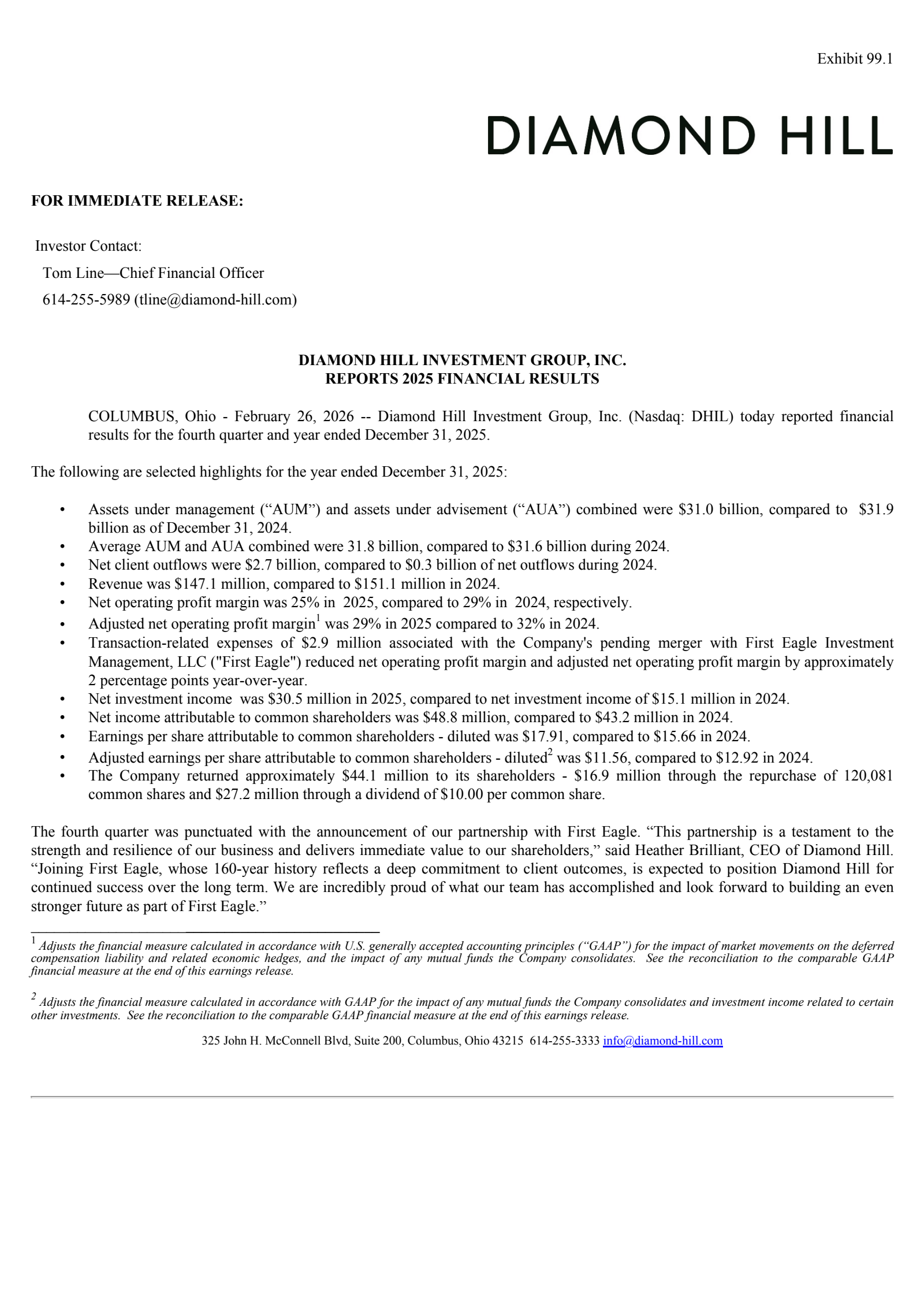 Diamond Hill Investment Group's Q4 2025 Press Release