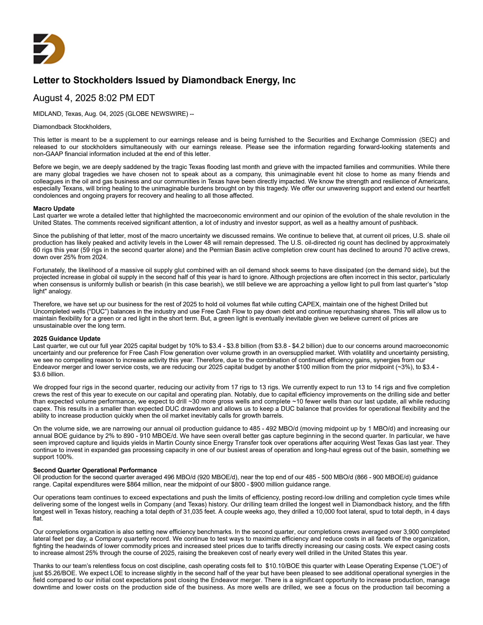 Diamondback Energy's Q2 2025 Press Release