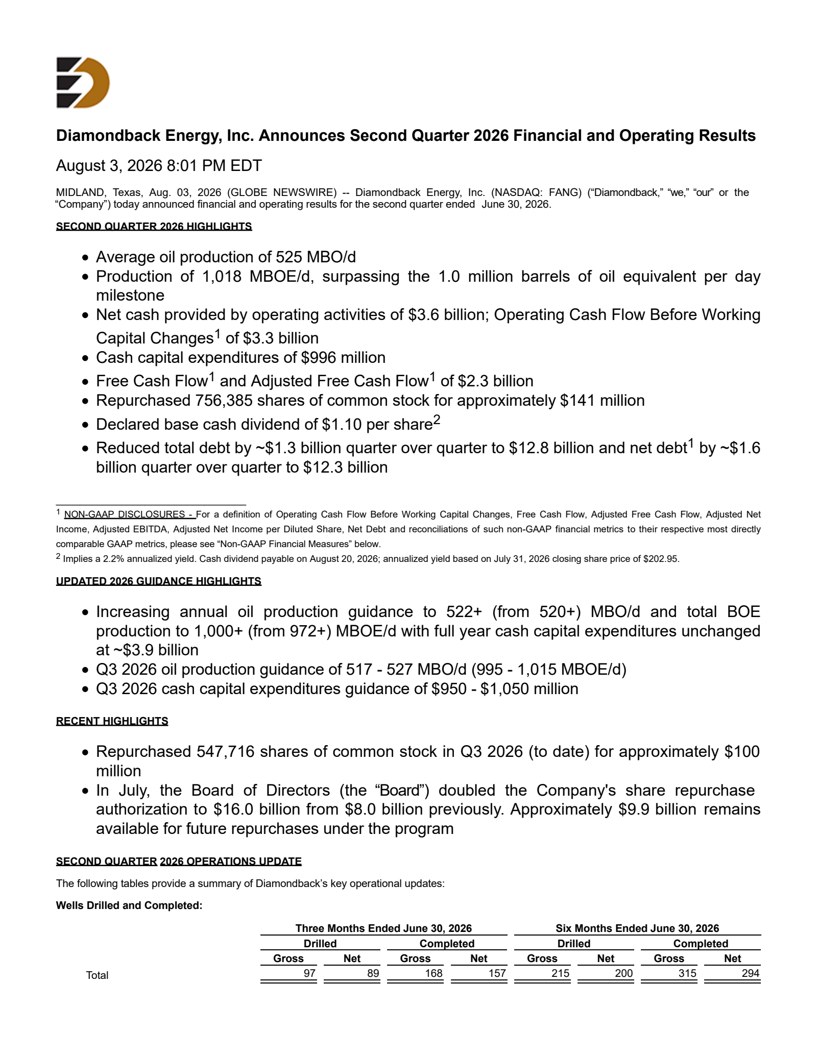 Diamondback Energy's Q2 2026 Press Release